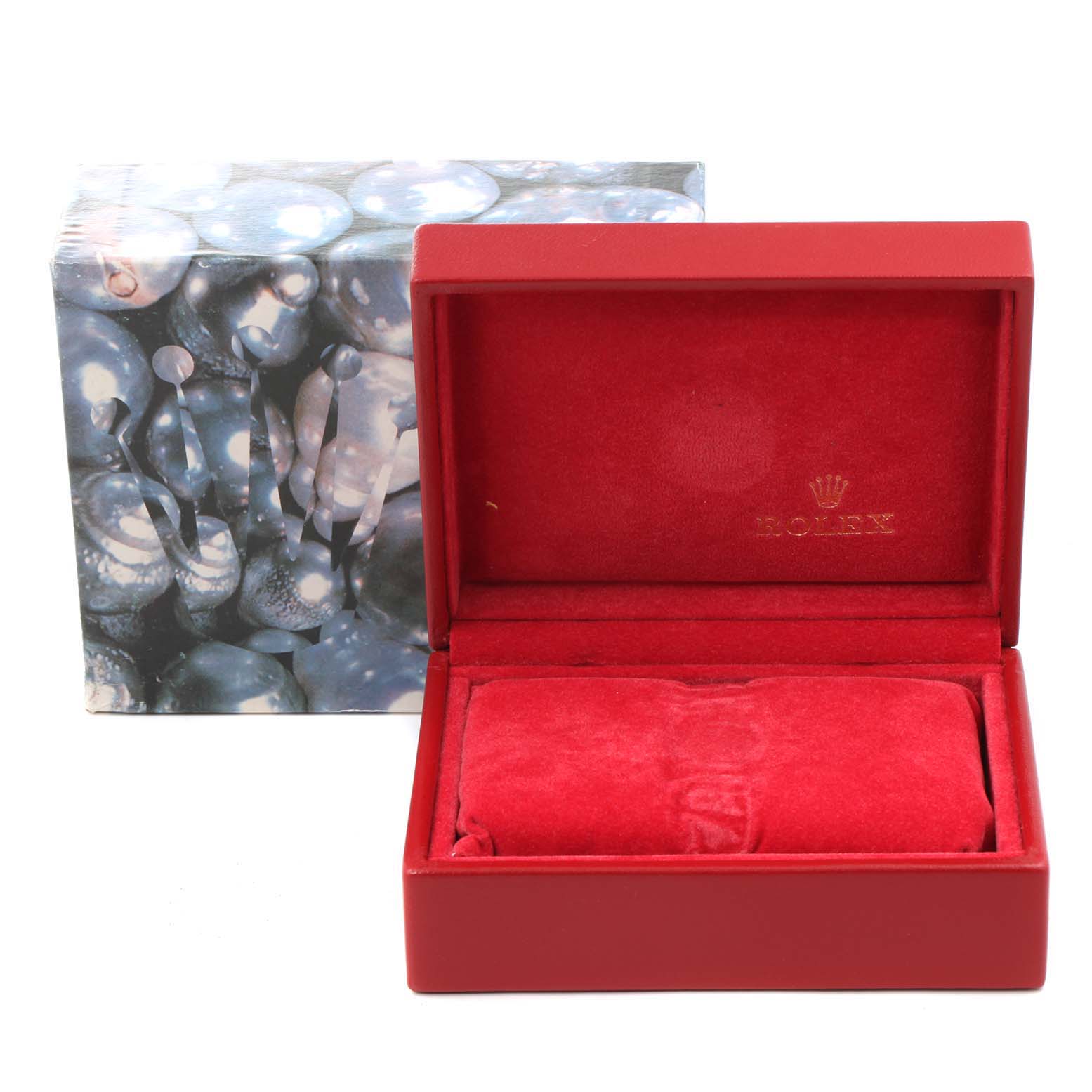 This image shows an open Rolex Datejust 69173 Women
s Steel and Gold (two tone) Champagne Dial 69173 Women
s Steel and Gold (two tone) Champagne Dial watch box with a red interior and an outer packaging on the side.