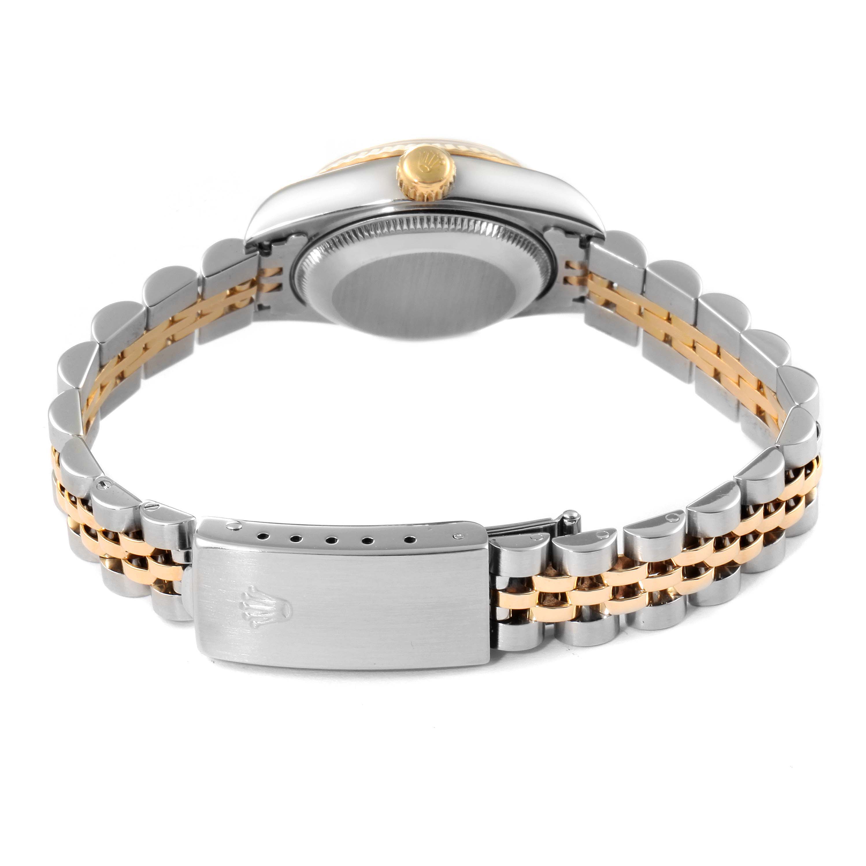 The image shows the back view of the Rolex Datejust 69173 Women
s Steel and Gold (two tone) Champagne Dial 69173 Women
s Steel and Gold (two tone) Champagne Dial watch, featuring the case back and bi-metal bracelet with the clasp.