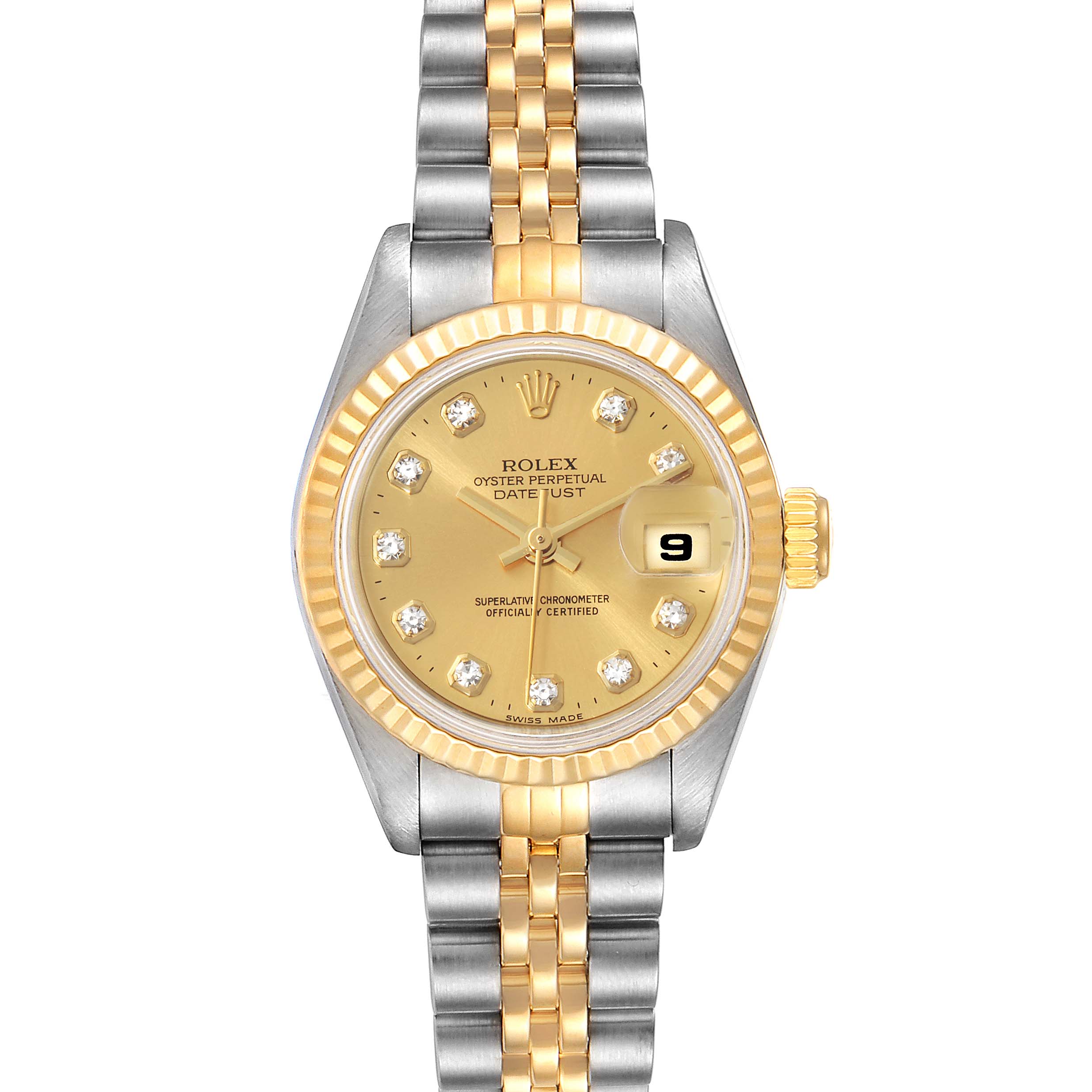 The image shows a front view of a Rolex Datejust 69173 Women
s Steel and Gold (two tone) Champagne Dial 69173 Women
s Steel and Gold (two tone) Champagne Dial watch, displaying its gold bezel, gold dial, and two-tone bracelet.