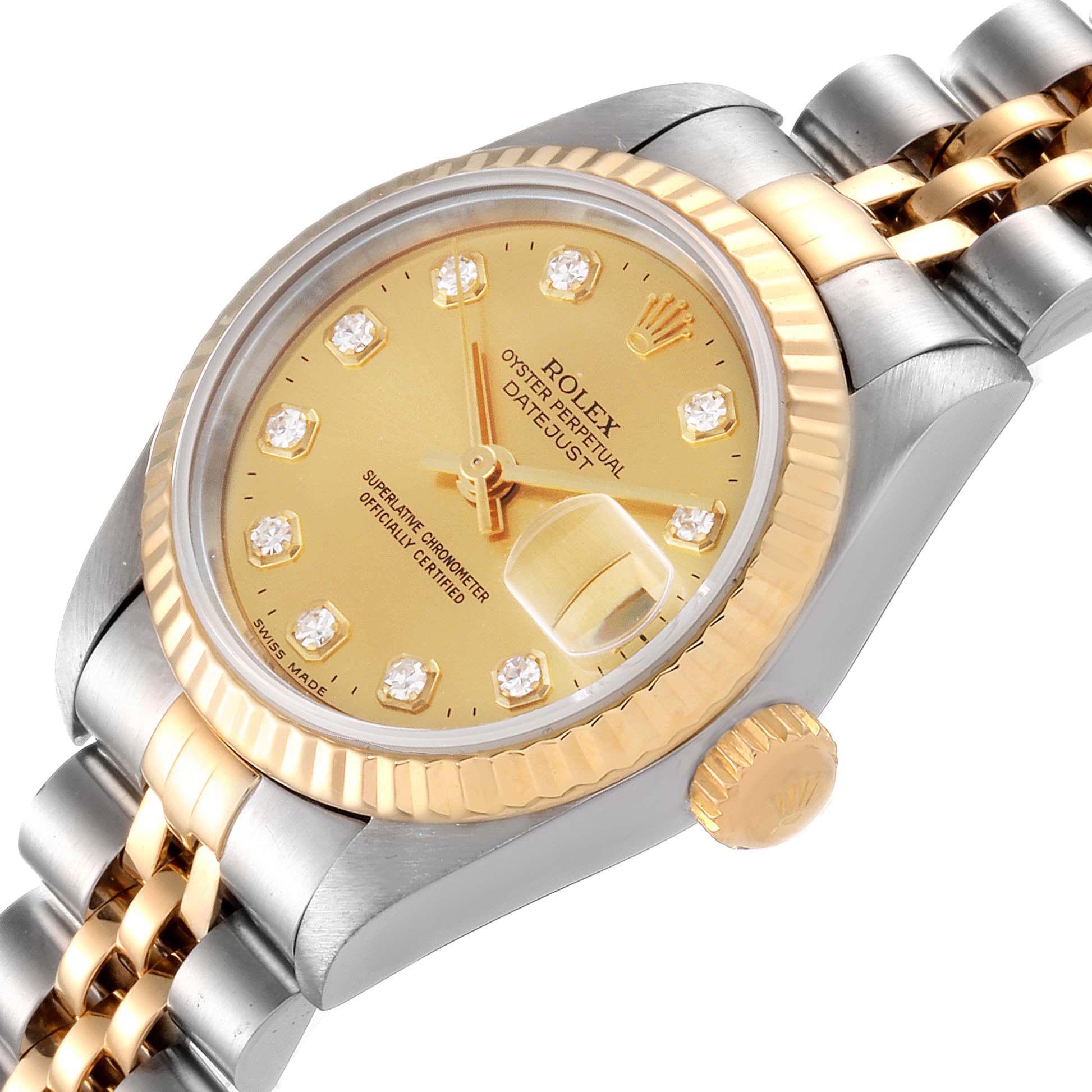 This is a close-up angle of a Rolex Datejust 69173 Women
s Steel and Gold (two tone) Champagne Dial 69173 Women
s Steel and Gold (two tone) Champagne Dial watch showing the dial, bezel, crown, and part of the bracelet.