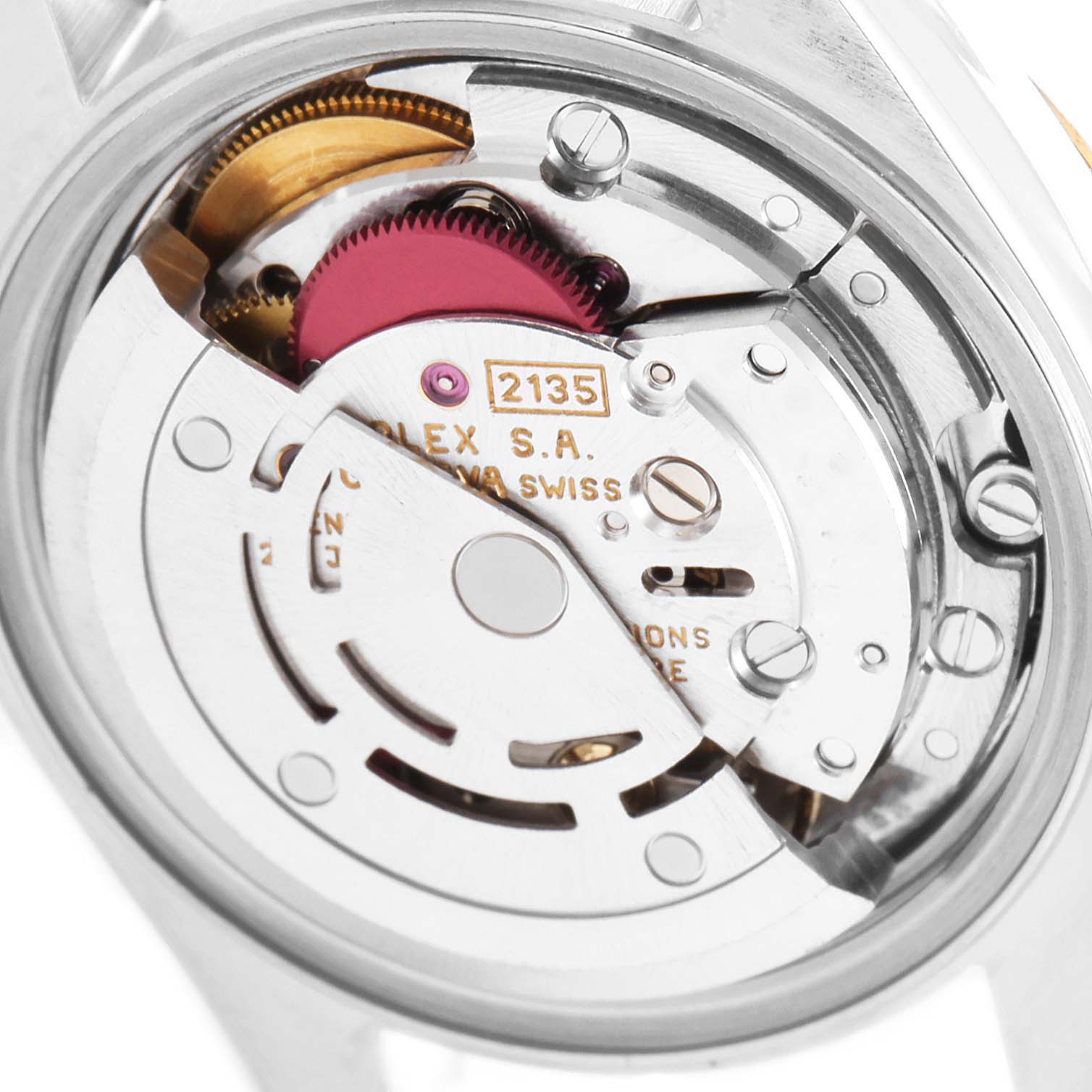 The image shows the movement of a Rolex Datejust 69173 Women
s Steel and Gold (two tone) Champagne Dial 69173 Women
s Steel and Gold (two tone) Champagne Dial watch, focusing on the gears and internal mechanism.