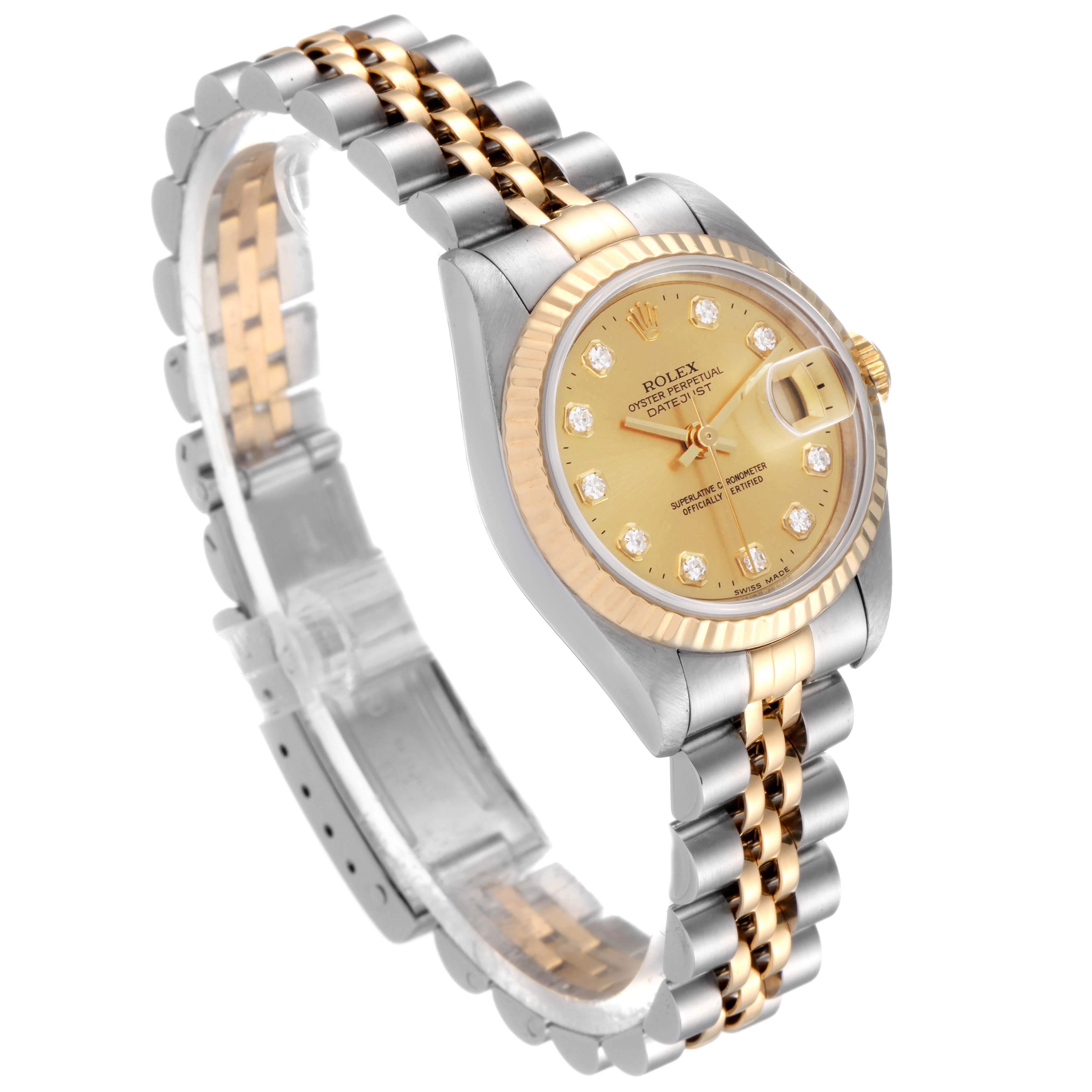 The Rolex Datejust 69173 Women
s Steel and Gold (two tone) Champagne Dial 69173 Women
s Steel and Gold (two tone) Champagne Dial watch is shown at an angle displaying the dial, bezel, and two-tone bracelet.
