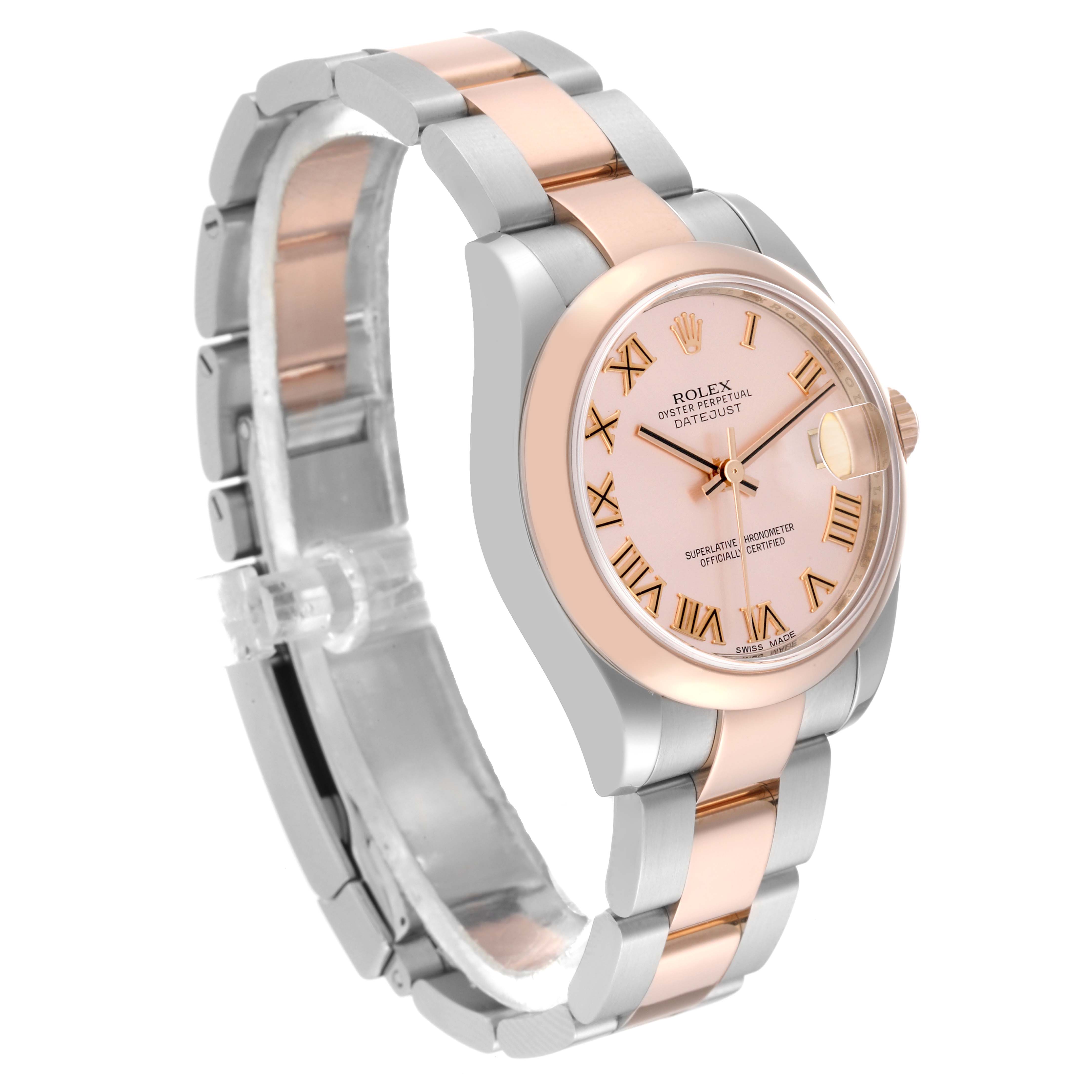 The Rolex Mid-Size 178241 Women's Steel and Gold (two tone) Pink Dial 178241 Women's Steel and Gold (two tone) Pink Dial model watch is shown at a front-side angle, highlighting its face and two-tone metal bracelet.