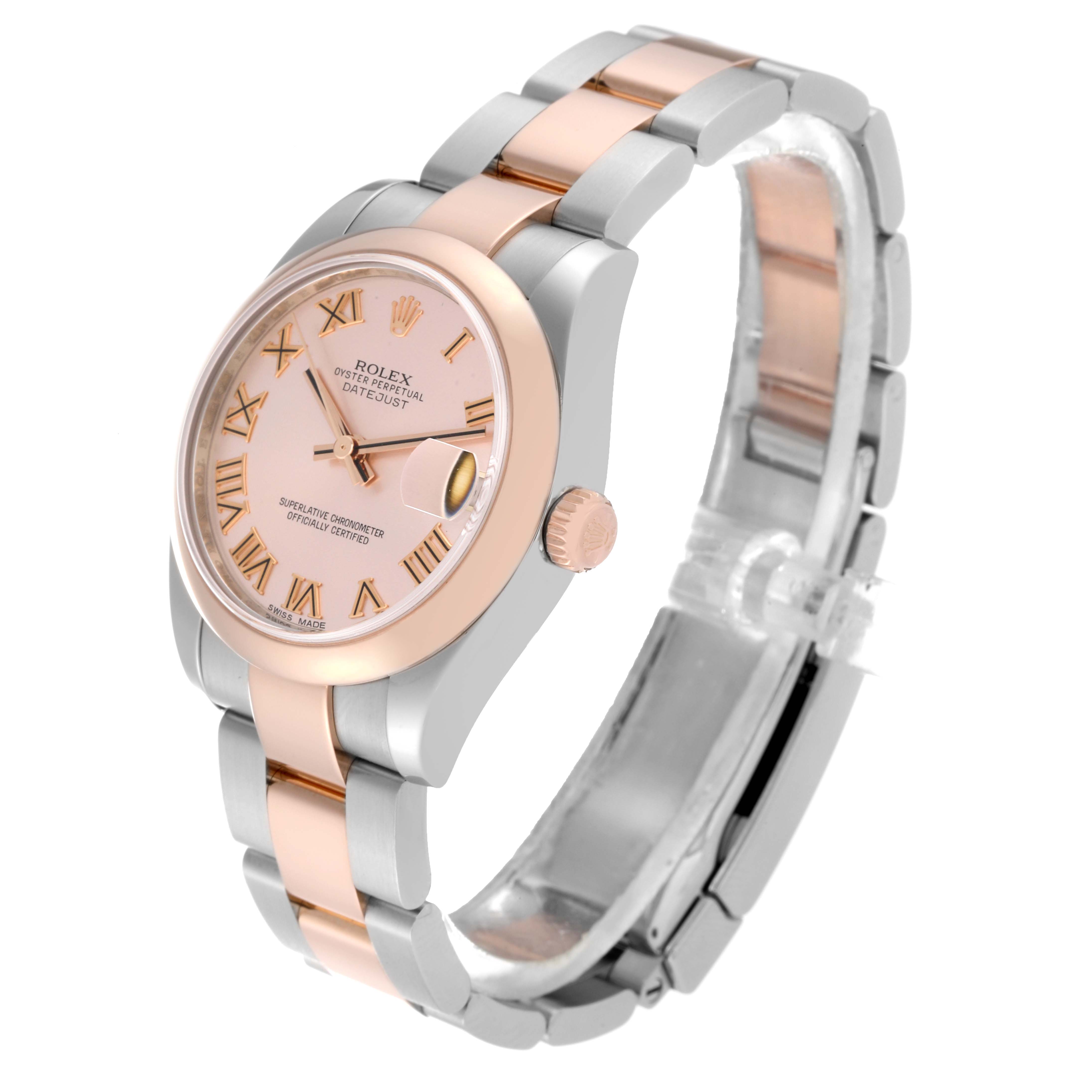 The image shows a side angle of the Rolex Mid-Size 178241 Women's Steel and Gold (two tone) Pink Dial 178241 Women's Steel and Gold (two tone) Pink Dial Datejust watch with a rose gold and stainless steel bracelet.