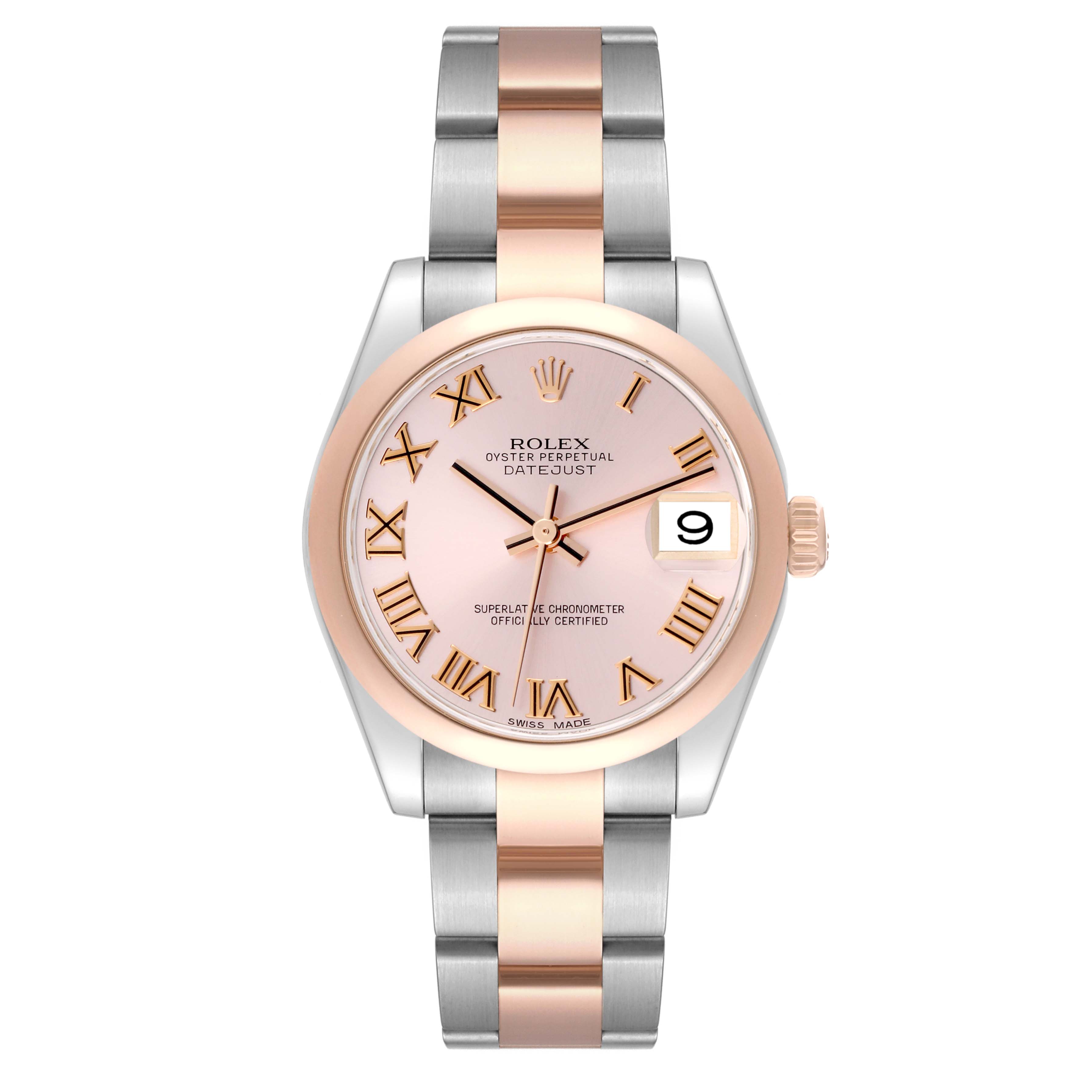 The image shows a Rolex Mid-Size 178241 Women's Steel and Gold (two tone) Pink Dial 178241 Women's Steel and Gold (two tone) Pink Dial Datejust watch from a front angle, highlighting its two-tone bracelet, pink dial, and date window.