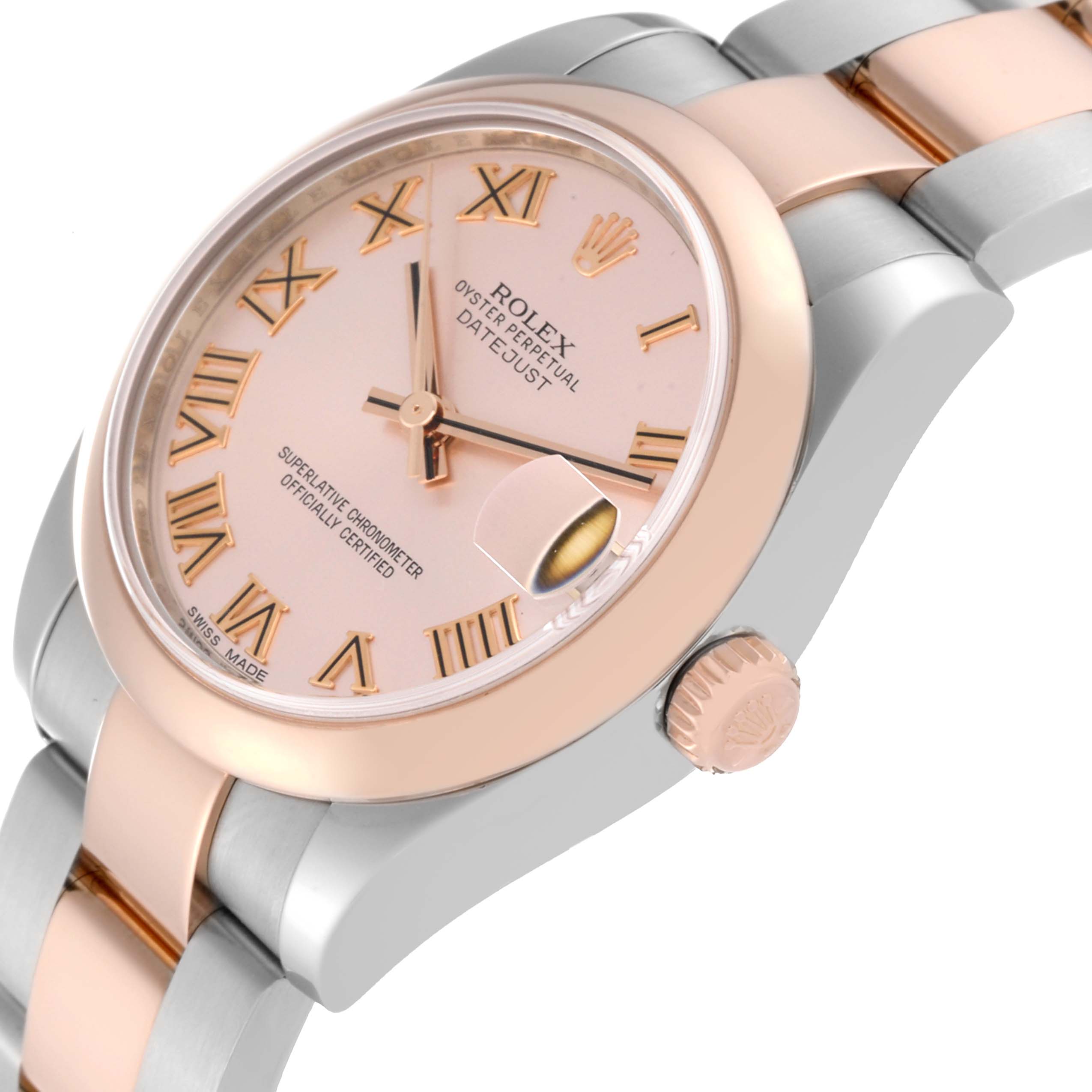 This image shows a close-up, angled view of the Rolex Mid-Size 178241 Women's Steel and Gold (two tone) Pink Dial 178241 Women's Steel and Gold (two tone) Pink Dial Datejust watch, highlighting the dial, crown, and part of the bracelet.