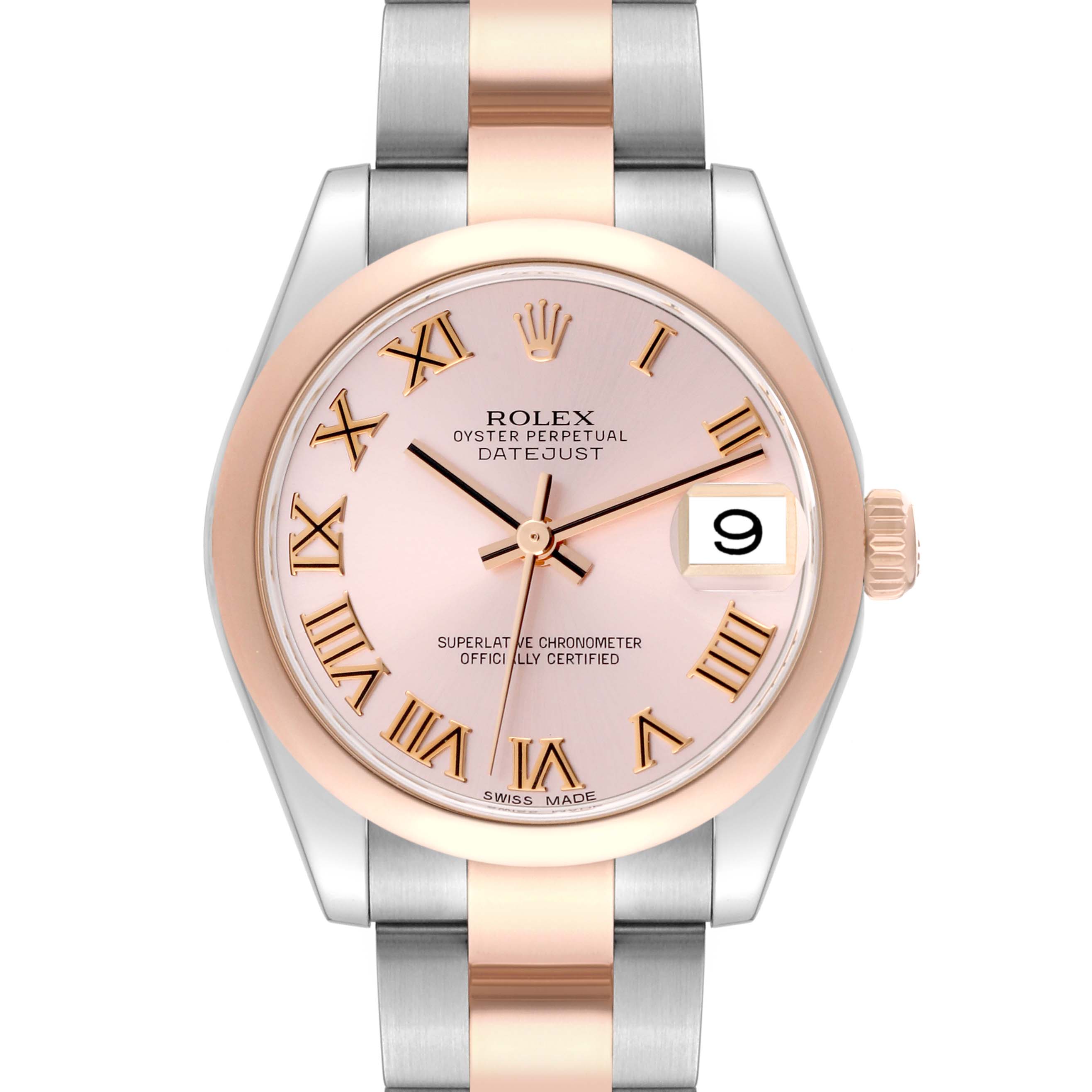 This Rolex Mid-Size 178241 Women's Steel and Gold (two tone) Pink Dial 178241 Women's Steel and Gold (two tone) Pink Dial Datejust watch is shown from a top-down angle, displaying its face, bezel, and part of the bracelet.