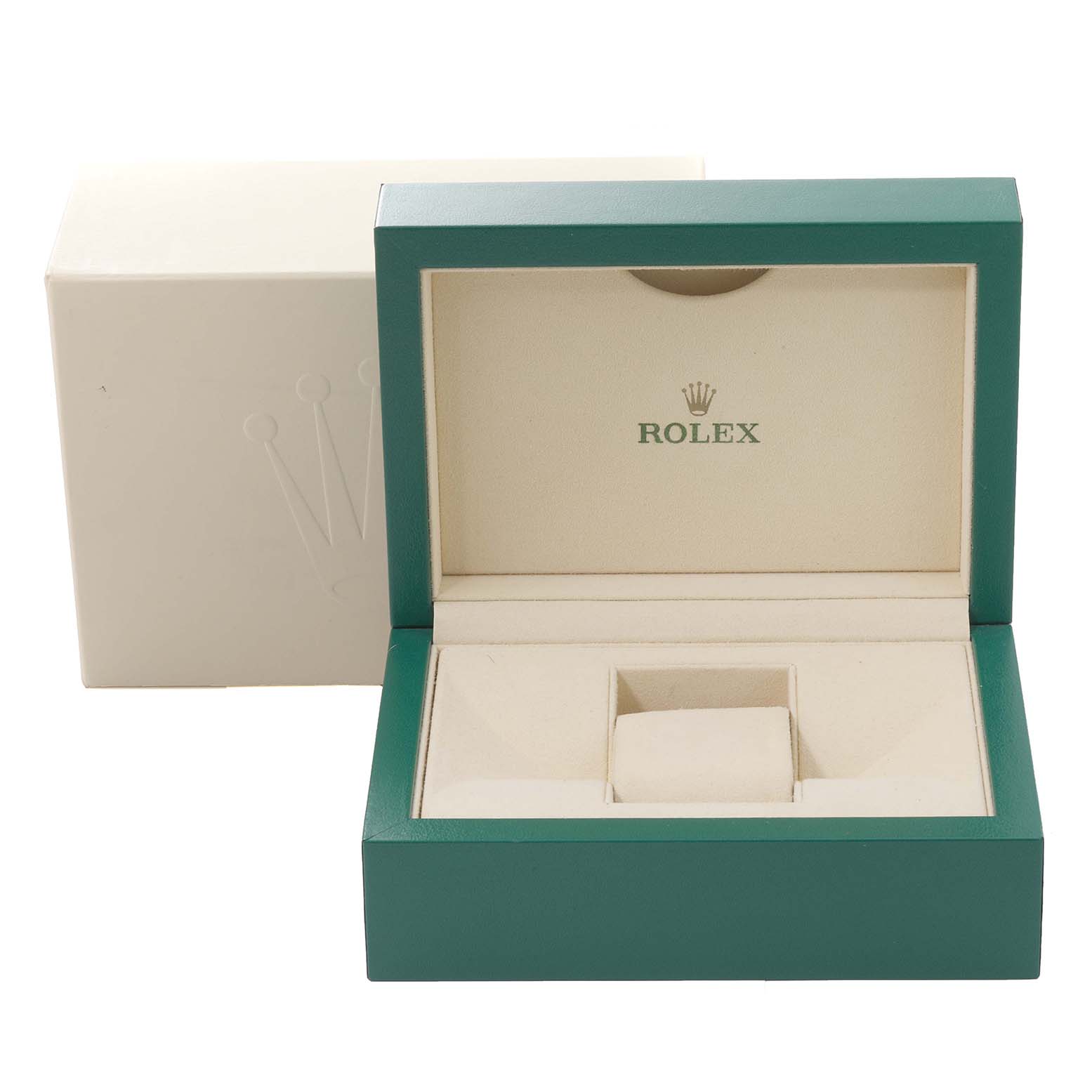 The image shows the open box for a Rolex Mid-Size 178241 Women's Steel and Gold (two tone) Pink Dial 178241 Women's Steel and Gold (two tone) Pink Dial model watch, displaying the interior compartments.