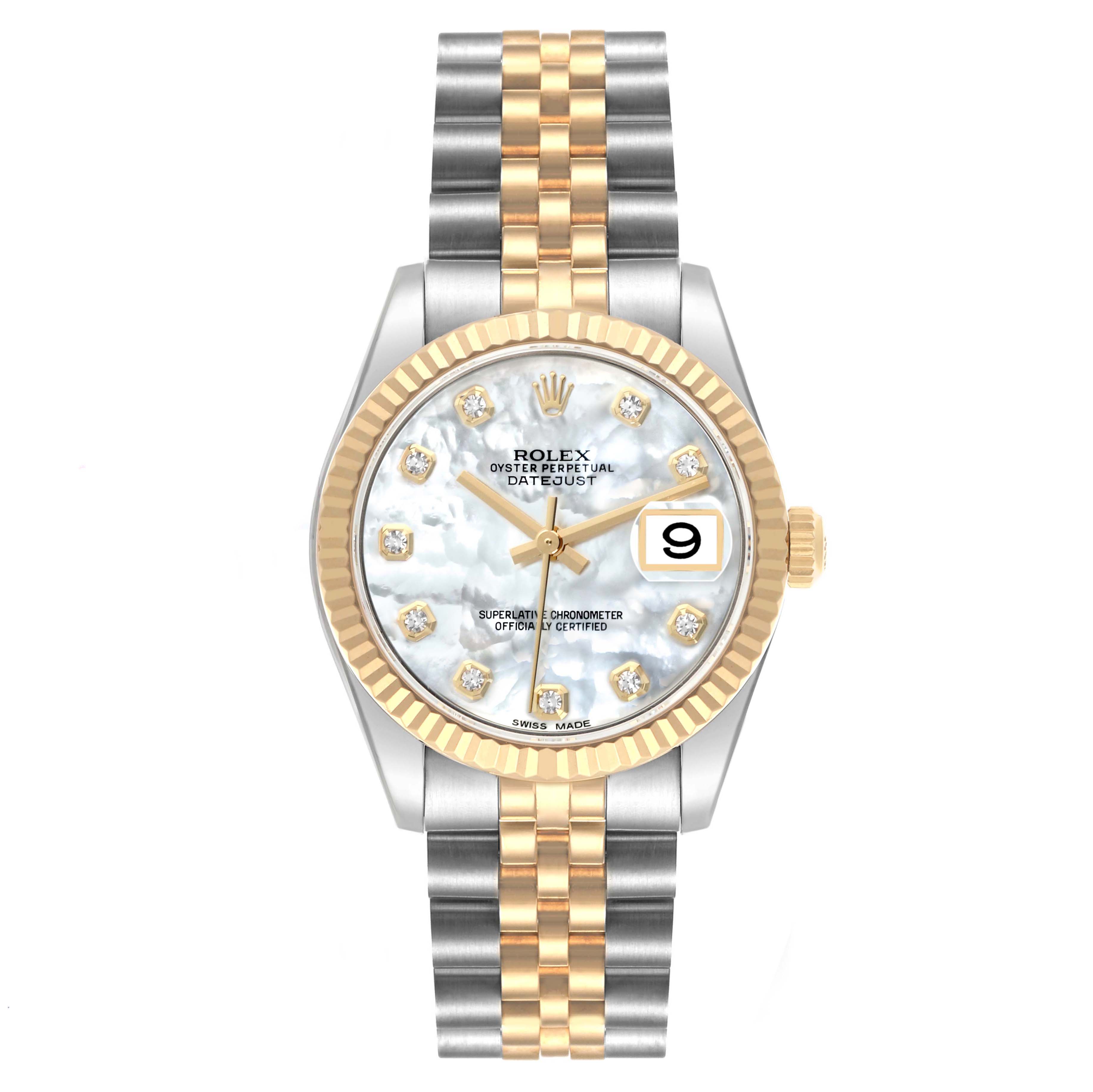 The Rolex Mid-Size 178273 Women's Steel and Gold (two tone) Mother of Pearl Dial 178273 Women's Steel and Gold (two tone) Mother of Pearl Dial watch is shown from the front, displaying the face and bracelet.