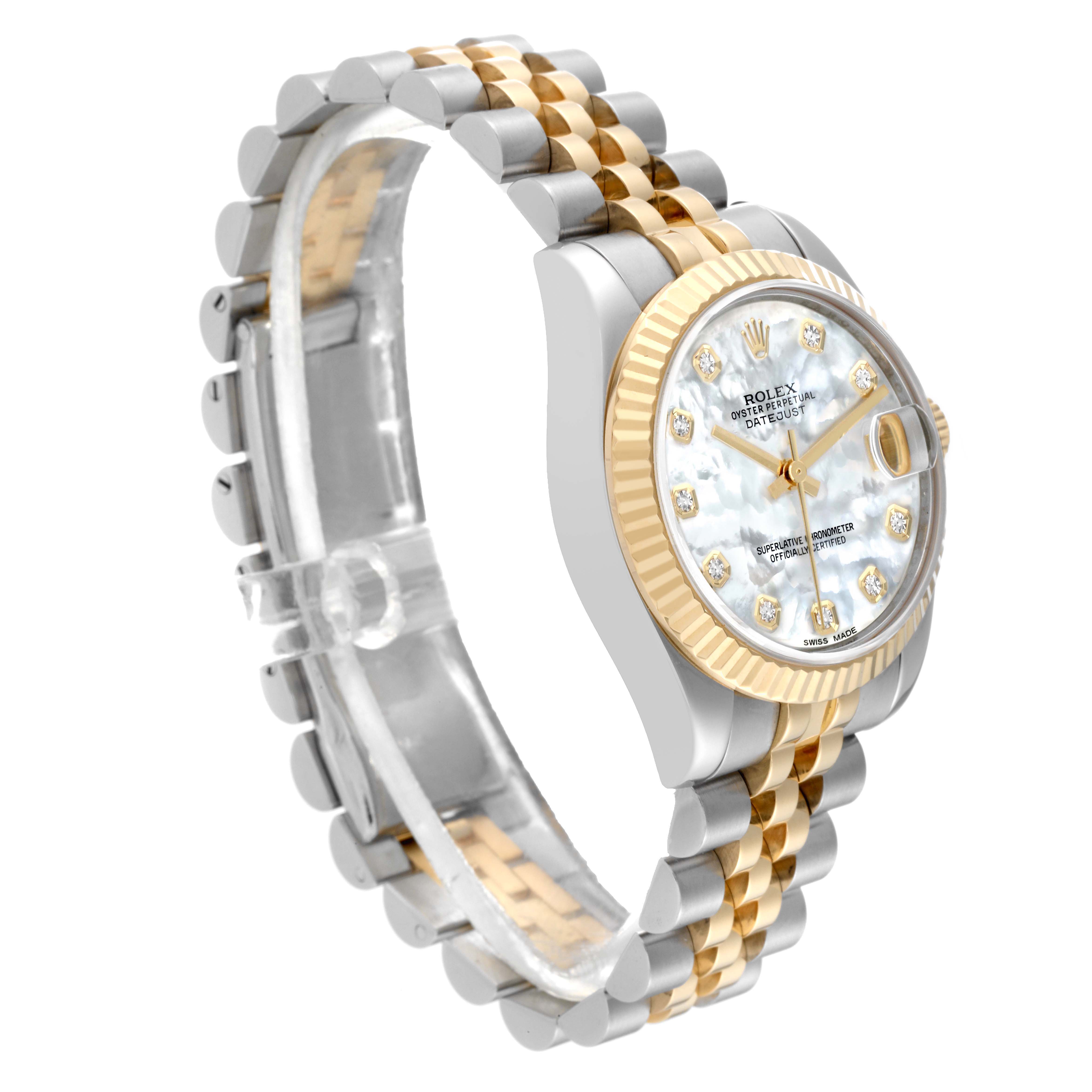 The Rolex Mid-Size 178273 Women's Steel and Gold (two tone) Mother of Pearl Dial 178273 Women's Steel and Gold (two tone) Mother of Pearl Dial watch is shown at a three-quarter angle, revealing the face, fluted bezel, and jubilee bracelet.