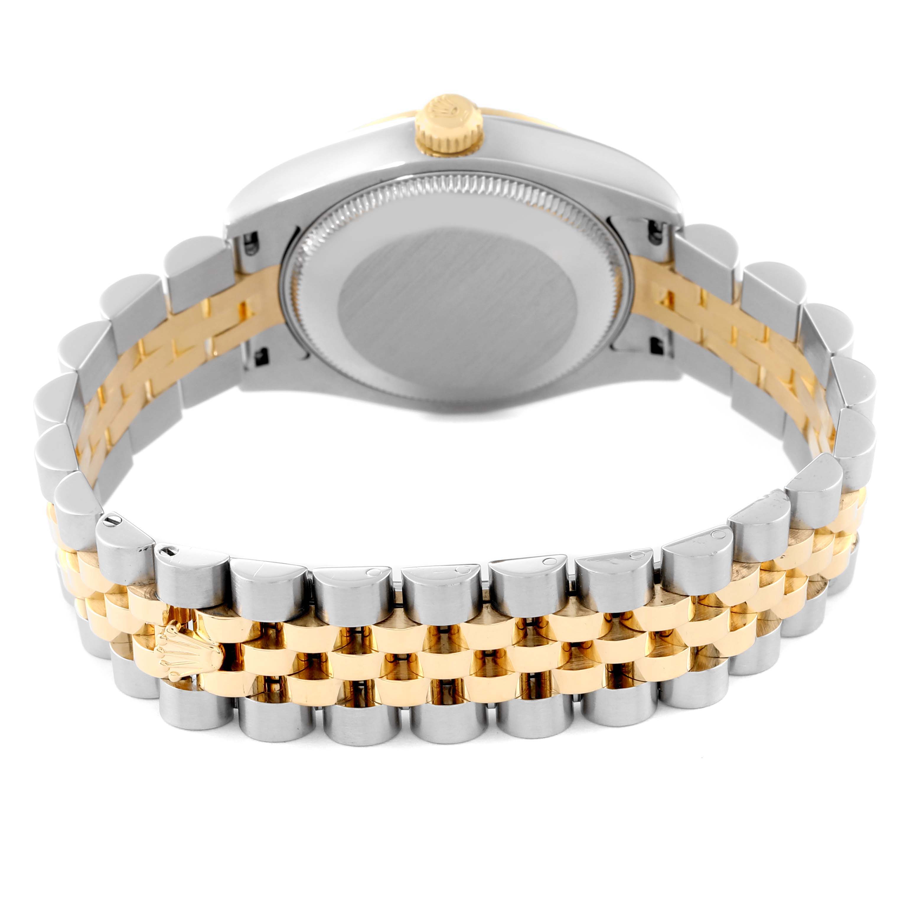 The Rolex Mid-Size 178273 Women's Steel and Gold (two tone) Mother of Pearl Dial 178273 Women's Steel and Gold (two tone) Mother of Pearl Dial watch is shown from the back, highlighting the bracelet and case back.