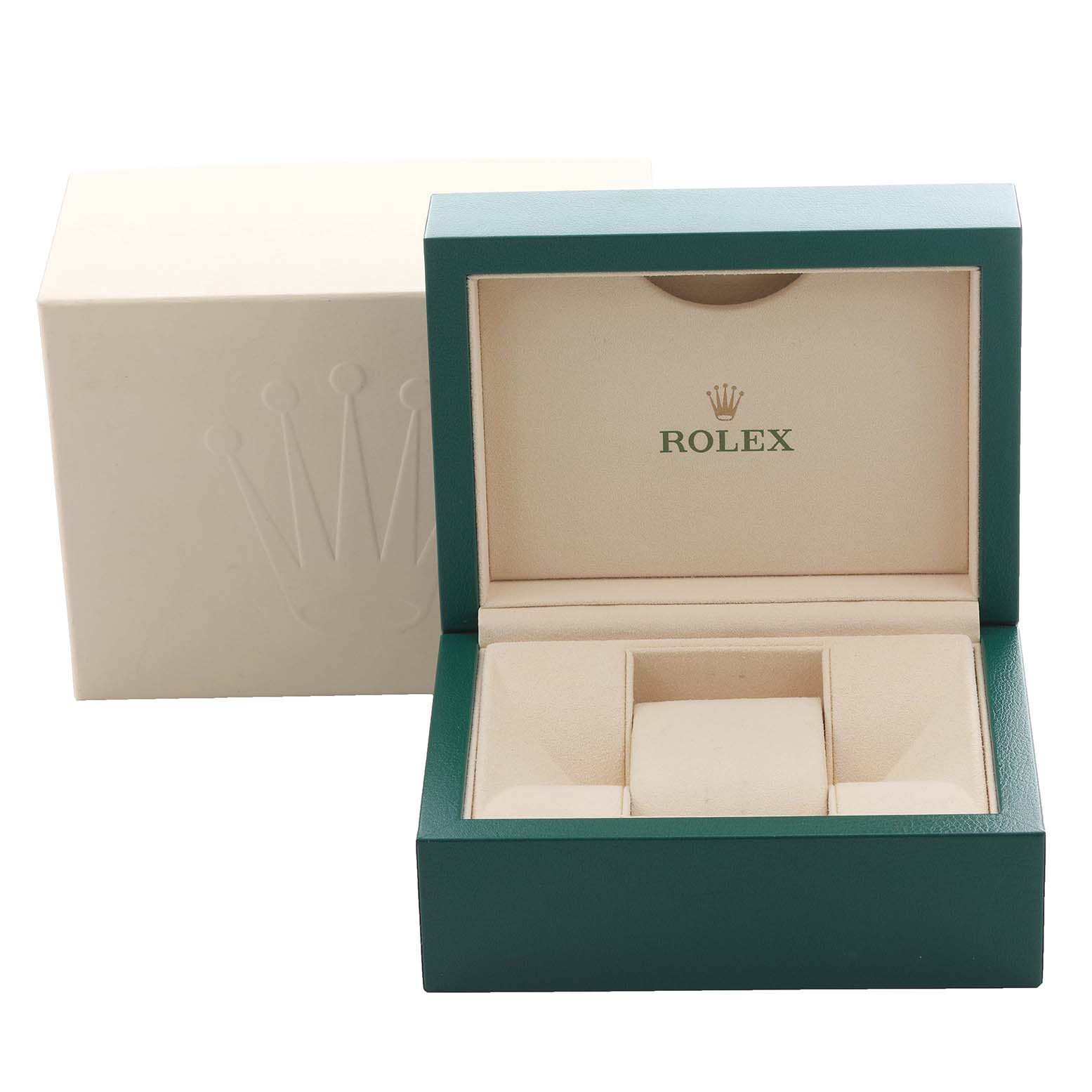 The image shows an open view of a Rolex watch box for a Mid-Size model, highlighting its interior compartments.
