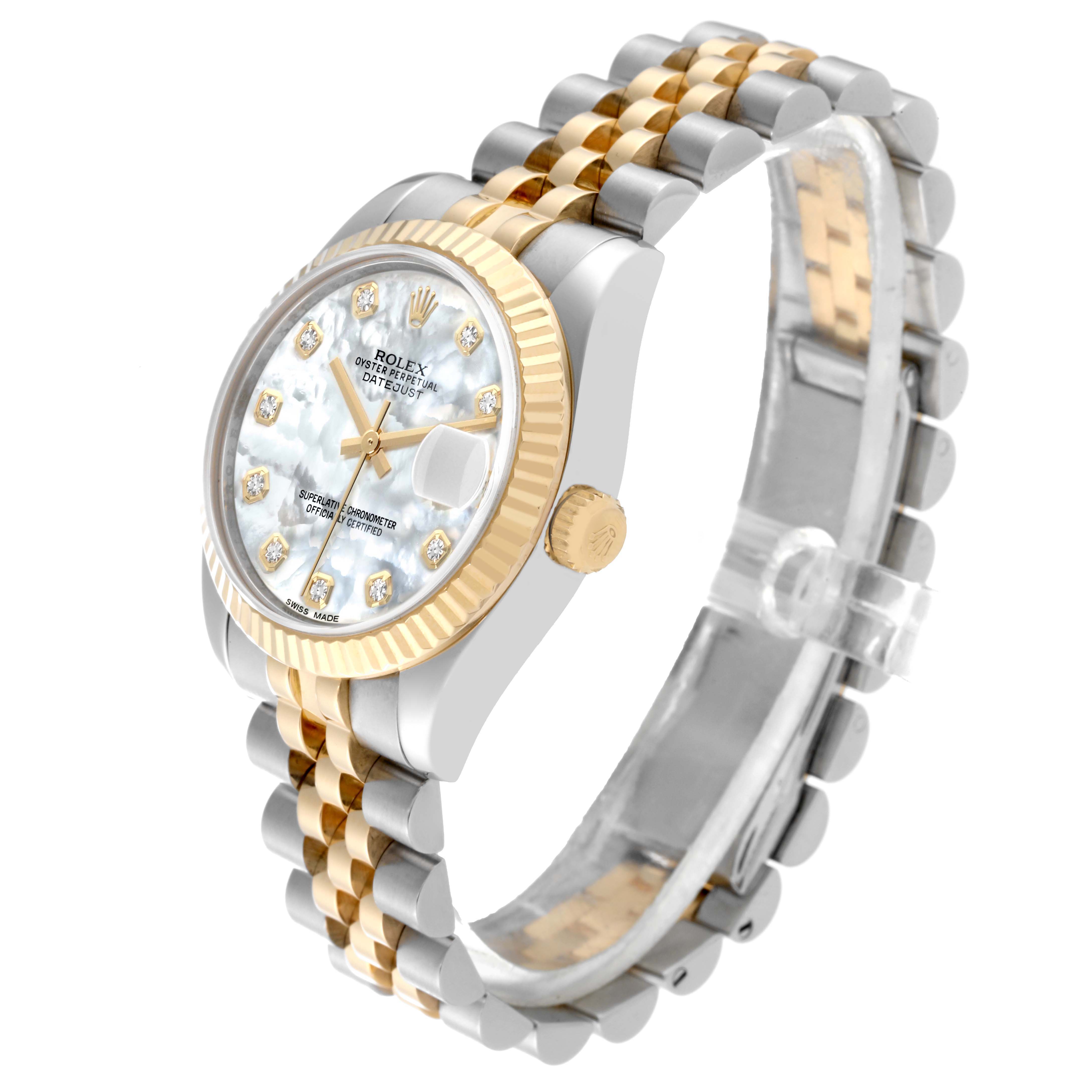 The Rolex Mid-Size 178273 Women's Steel and Gold (two tone) Mother of Pearl Dial 178273 Women's Steel and Gold (two tone) Mother of Pearl Dial model is shown at a three-quarter angle, displaying the face, bezel, crown, and jubilee bracelet.