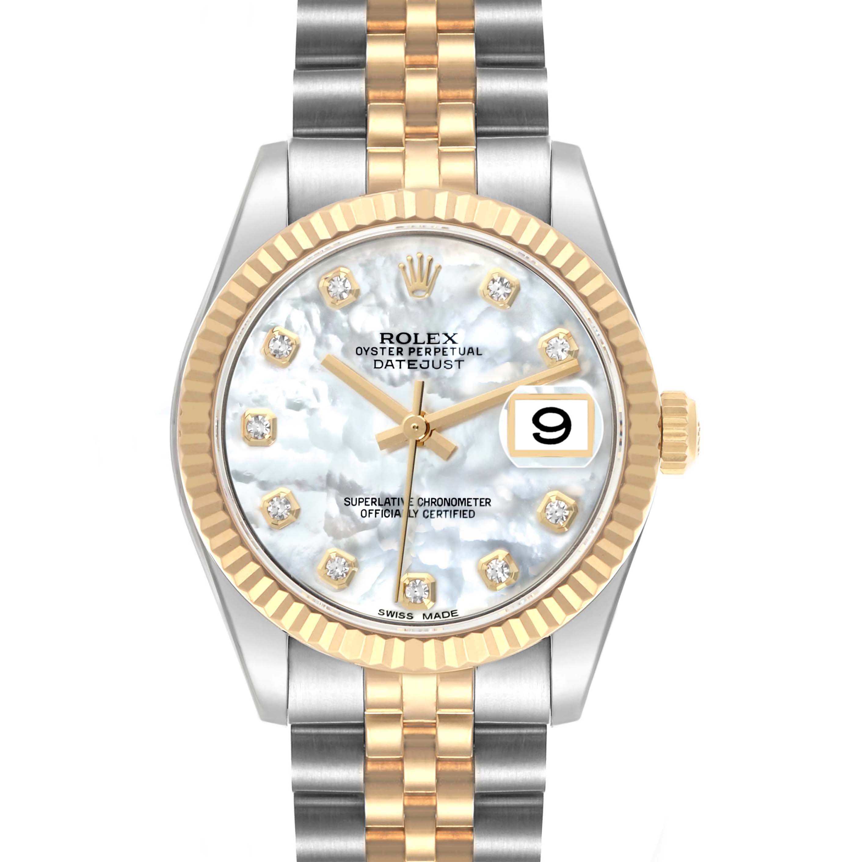 The Rolex Mid-Size 178273 Women's Steel and Gold (two tone) Mother of Pearl Dial 178273 Women's Steel and Gold (two tone) Mother of Pearl Dial Datejust is shown from a front angle, highlighting the dial, bezel, and bracelet.
