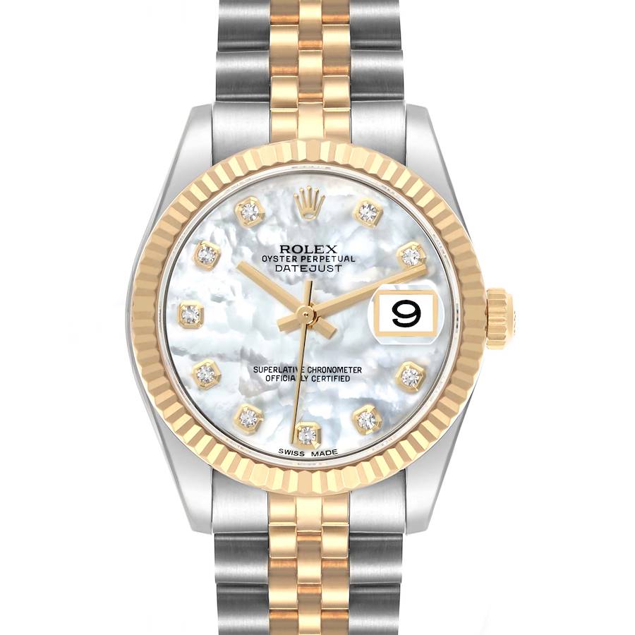The Rolex Mid-Size Datejust is shown from a front angle, highlighting the dial, bezel, and bracelet.