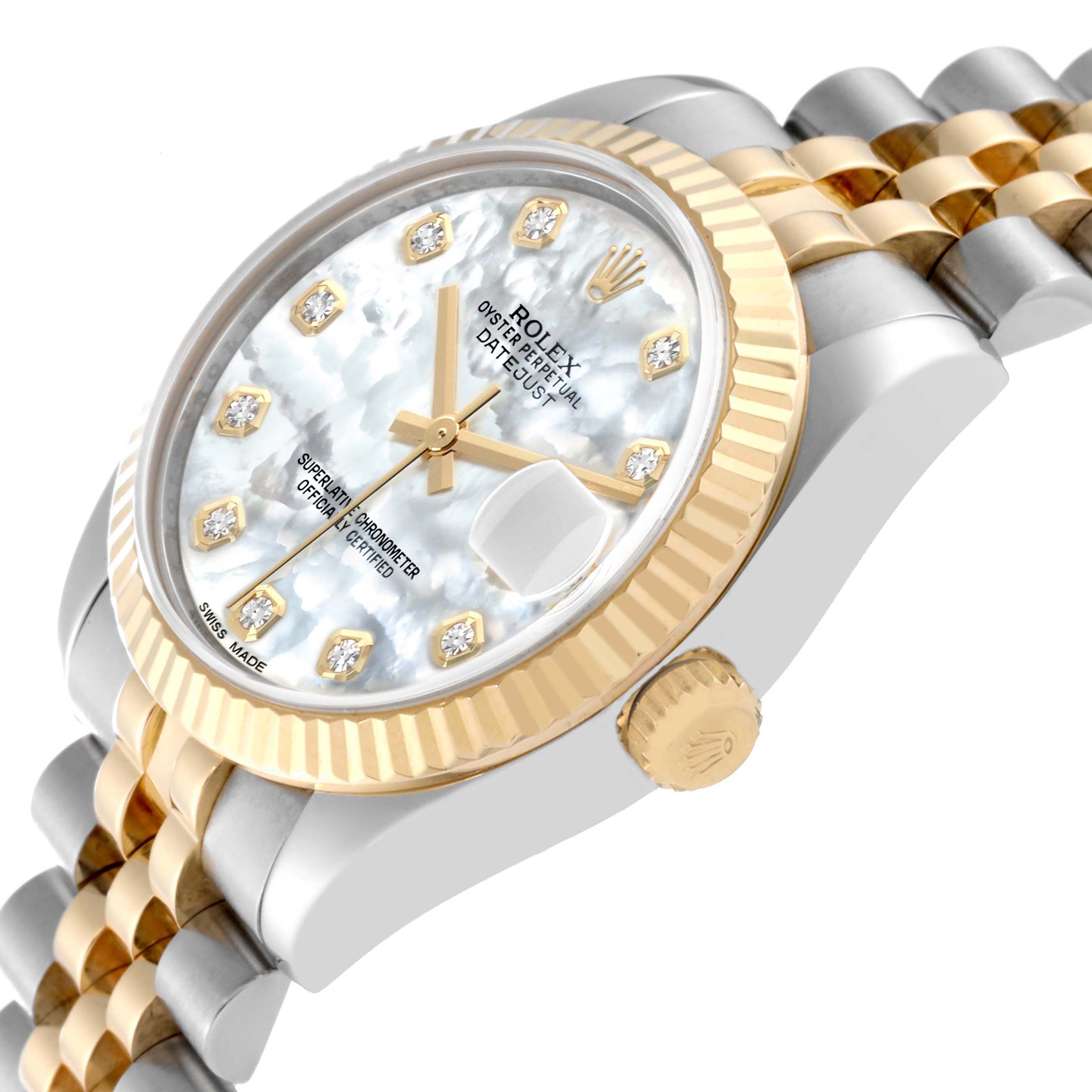 The Rolex Mid-Size 178273 Women's Steel and Gold (two tone) Mother of Pearl Dial 178273 Women's Steel and Gold (two tone) Mother of Pearl Dial watch is shown at an angled close-up, highlighting the bezel, crown, dial, and part of the bracelet.