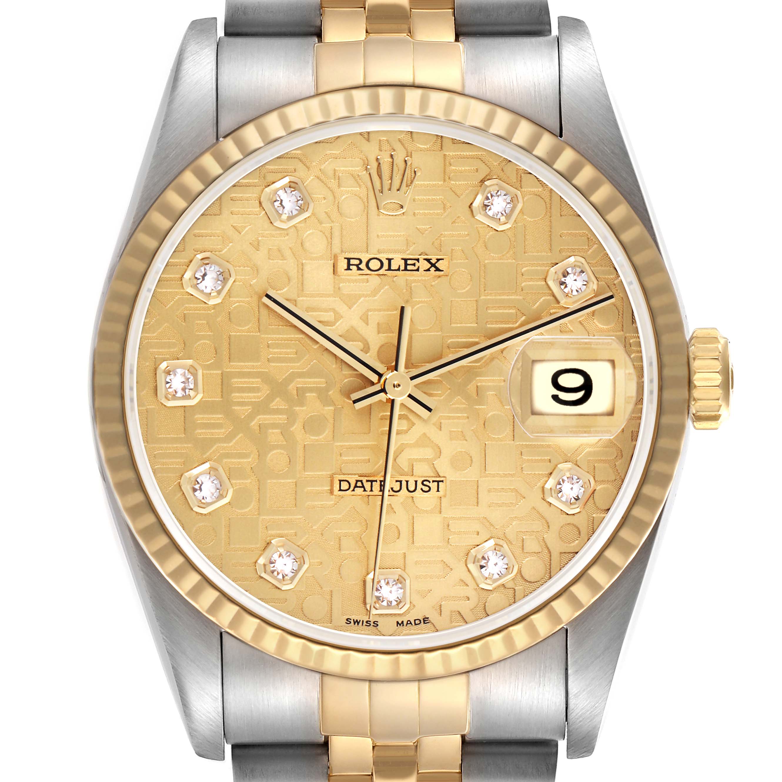The Rolex Datejust 16233 Men's Steel and Gold (two tone) Champagne Dial 16233 Men's Steel and Gold (two tone) Champagne Dial watch is shown from a top view, highlighting its dial, bezel, crown, and part of the bracelet.