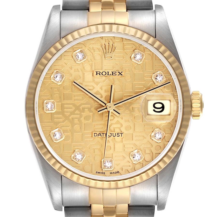 The Rolex Datejust watch is shown from a top view, highlighting its dial, bezel, crown, and part of the bracelet.