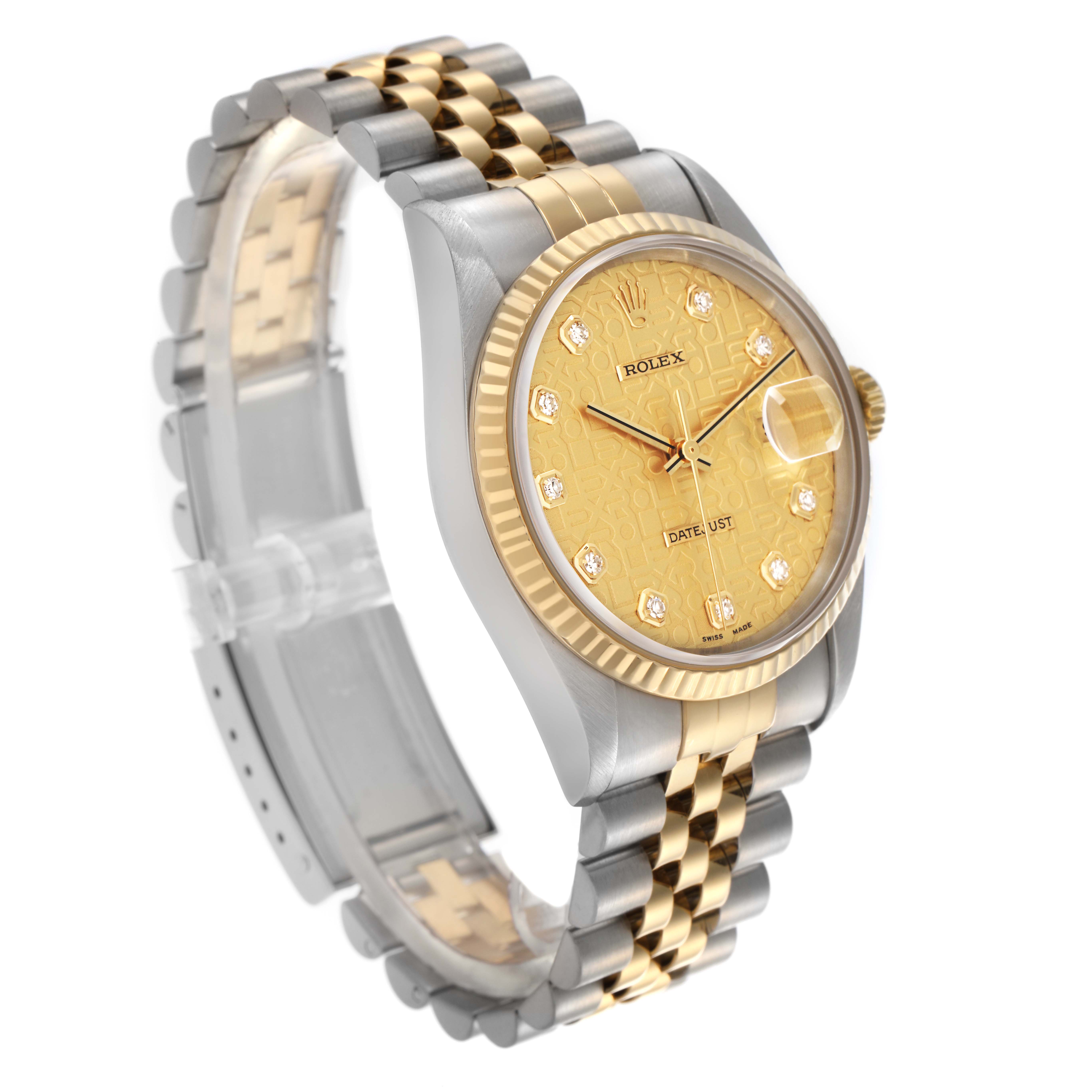 The Rolex Datejust 16233 Men's Steel and Gold (two tone) Champagne Dial 16233 Men's Steel and Gold (two tone) Champagne Dial watch is shown at an oblique angle, highlighting the dial, bezel, and bracelet with a clear view of its two-tone design.