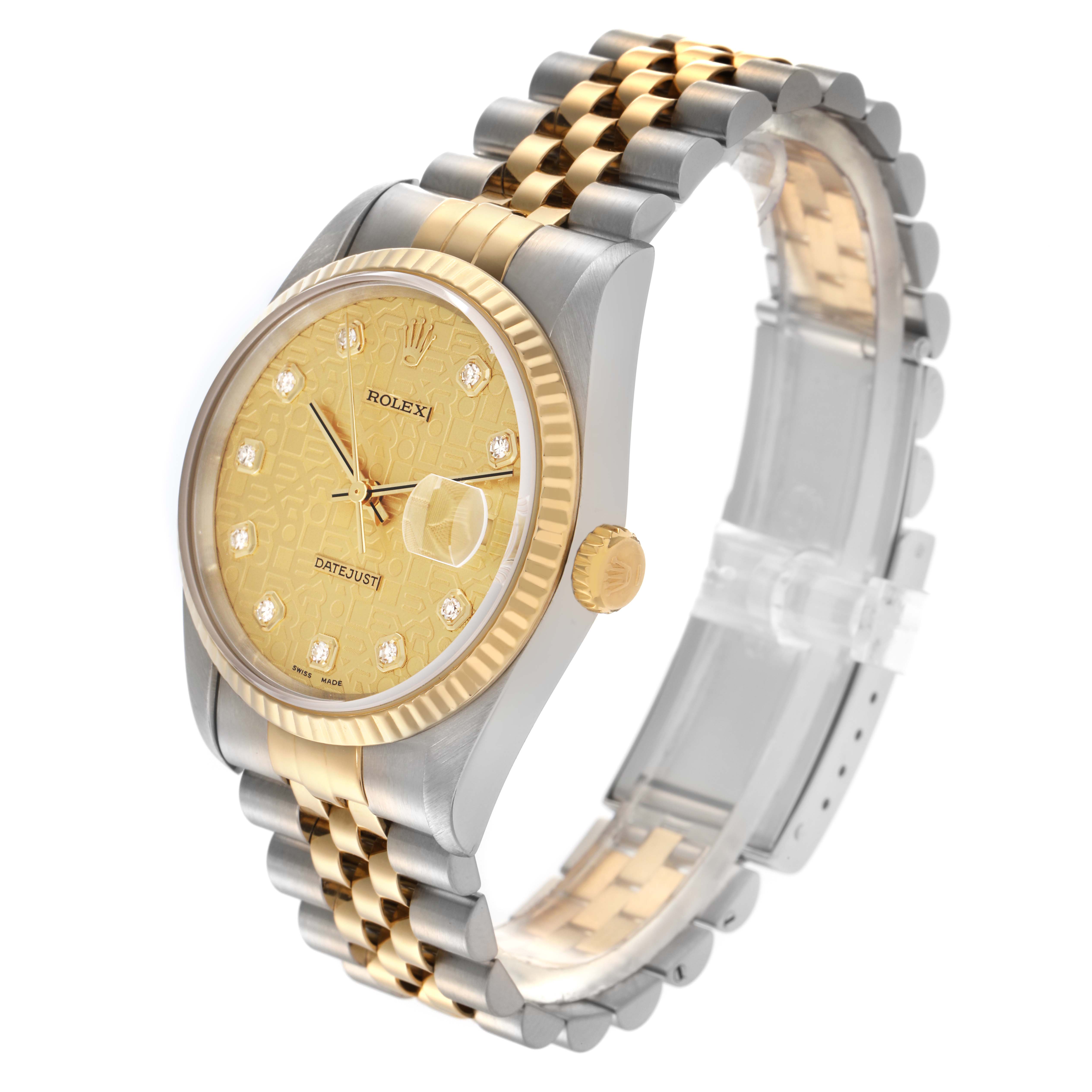 The Rolex Datejust 16233 Men's Steel and Gold (two tone) Champagne Dial 16233 Men's Steel and Gold (two tone) Champagne Dial is shown at a three-quarter angle, displaying its dial, bezel, bracelet, and crown.