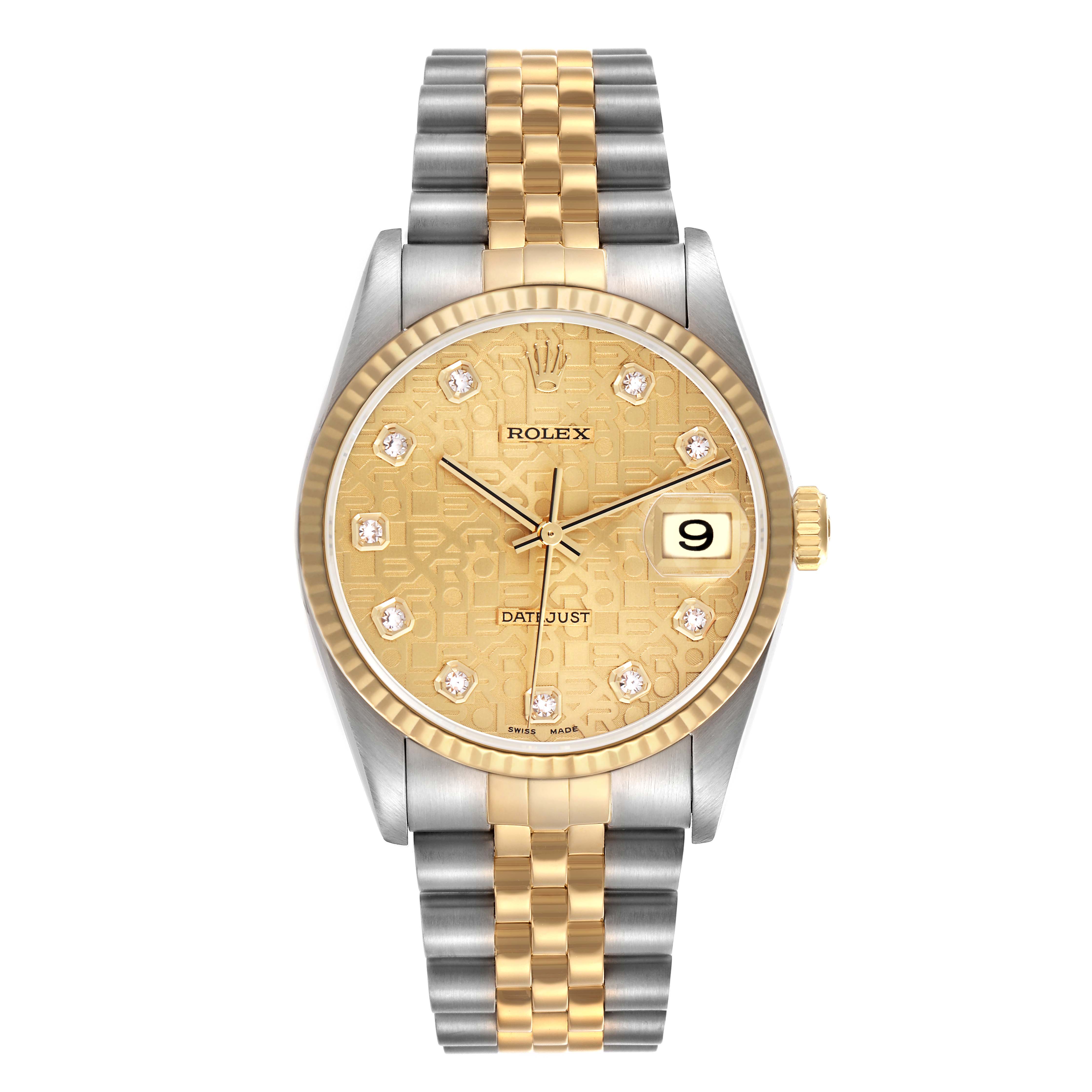 The Rolex Datejust 16233 Men's Steel and Gold (two tone) Champagne Dial 16233 Men's Steel and Gold (two tone) Champagne Dial watch is shown from a frontal angle, highlighting the bezel, dial, bracelet, and date feature.