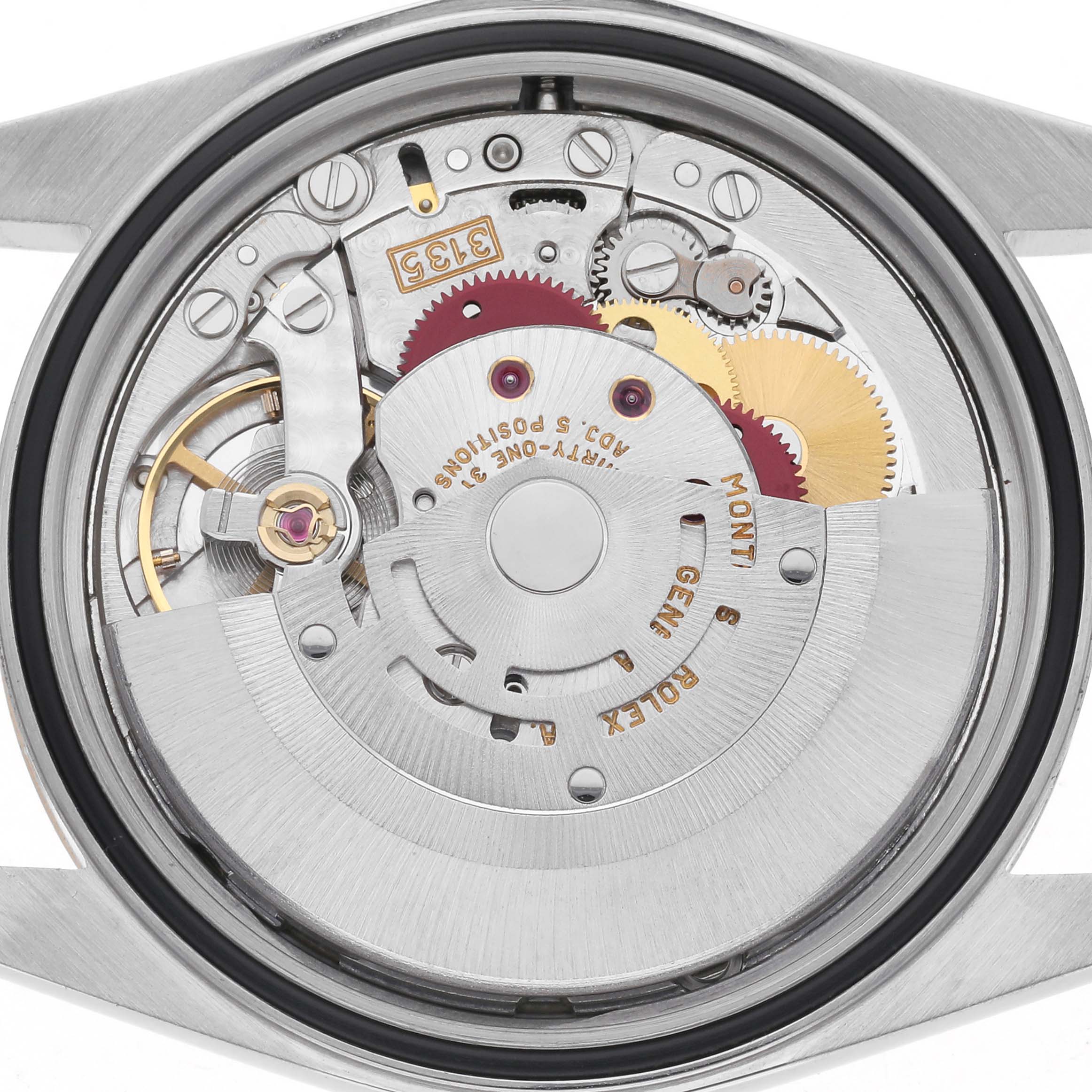 The image shows the movement of a Rolex Datejust 16233 Men's Steel and Gold (two tone) Champagne Dial 16233 Men's Steel and Gold (two tone) Champagne Dial watch from a back angle, highlighting gears and mechanical components.