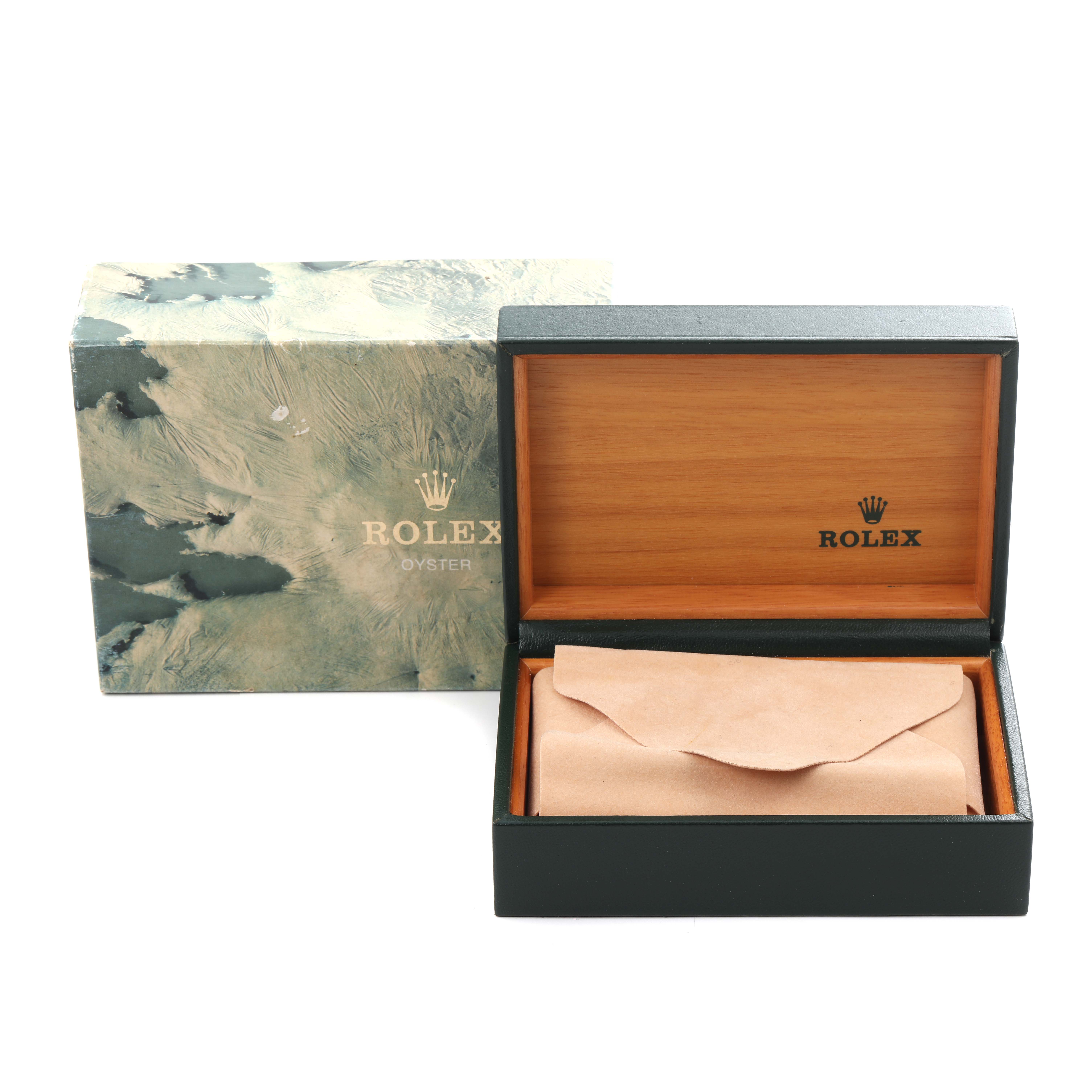 The image shows an open Rolex Datejust 16233 Men's Steel and Gold (two tone) Champagne Dial 16233 Men's Steel and Gold (two tone) Champagne Dial watch box with its outer case, showcasing the brand logo.