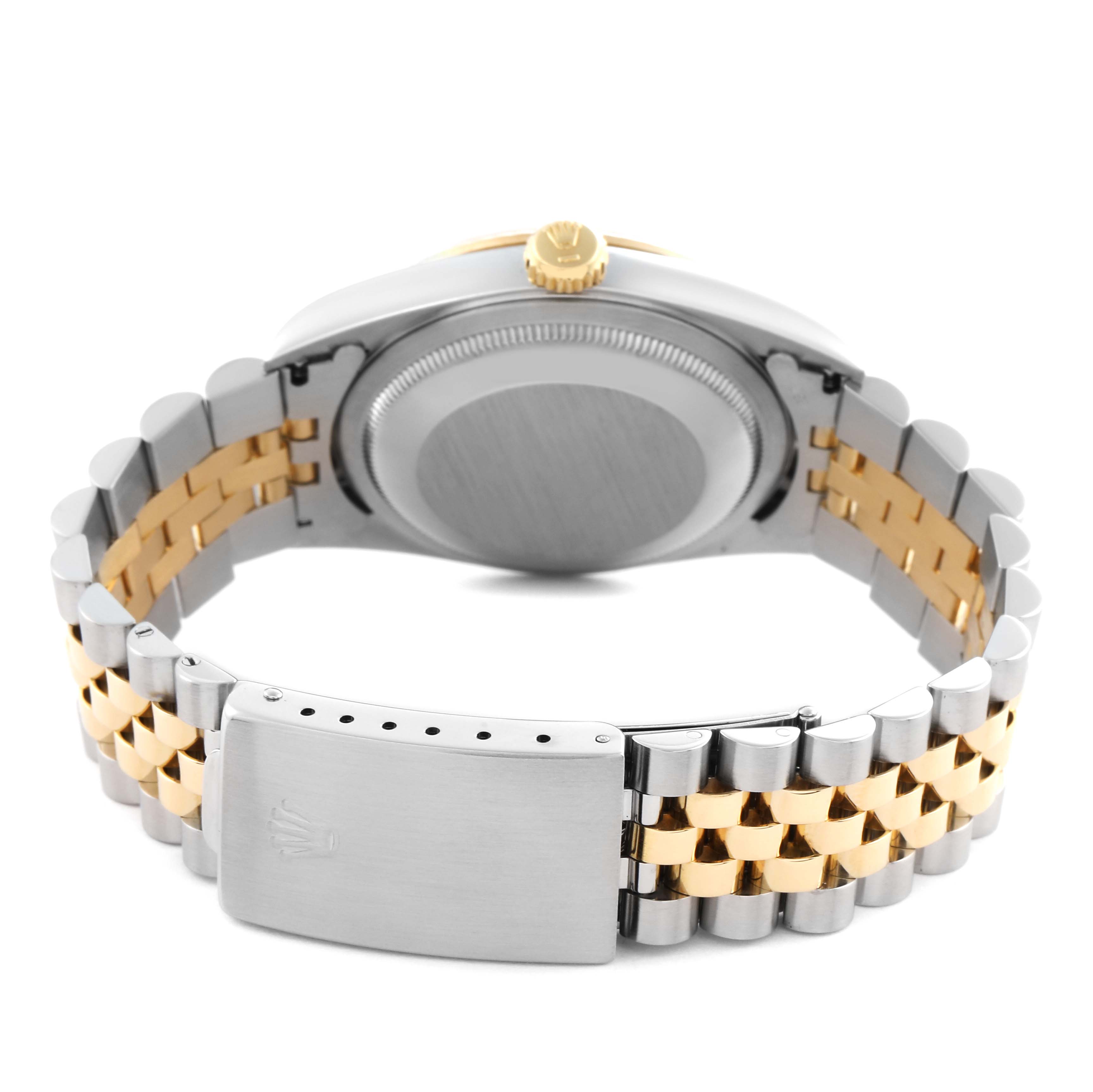 The image shows the back view of a Rolex Datejust 16233 Men's Steel and Gold (two tone) Champagne Dial 16233 Men's Steel and Gold (two tone) Champagne Dial, displaying the clasp, bracelet, and case back.