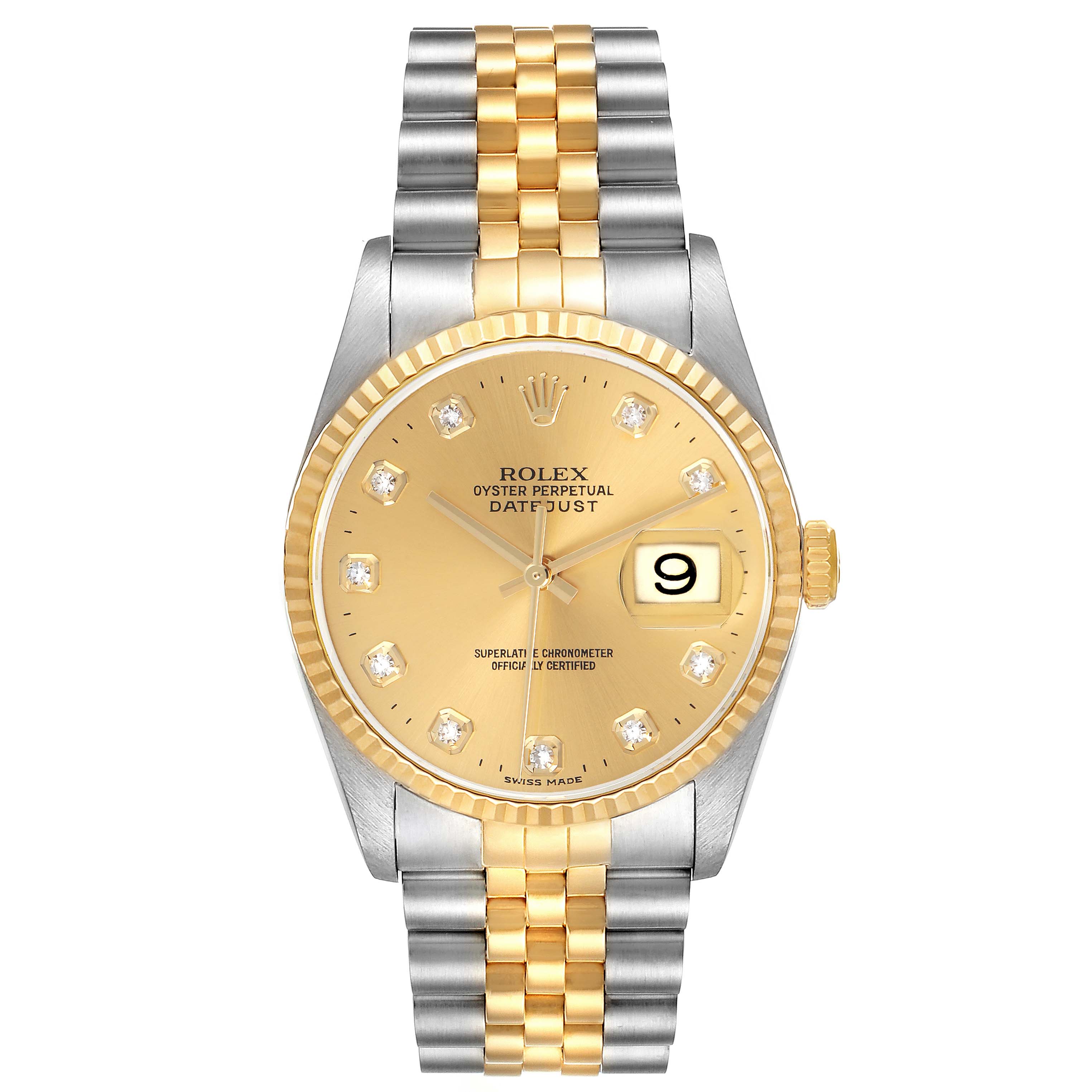 The Rolex Datejust 16233 Men's Steel and Gold (two tone) Champagne Dial 16233 Men's Steel and Gold (two tone) Champagne Dial watch is shown from a top-down angle highlighting the dial, bezel, and two-tone bracelet.