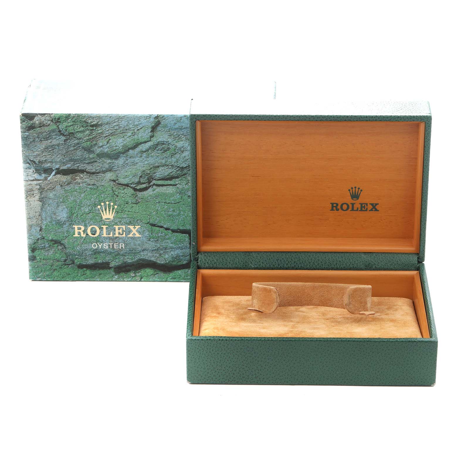 The image shows an open Rolex Datejust 16233 Men's Steel and Gold (two tone) Champagne Dial 16233 Men's Steel and Gold (two tone) Champagne Dial watch box at a straight-on angle, revealing the interior cushion and exterior packaging.