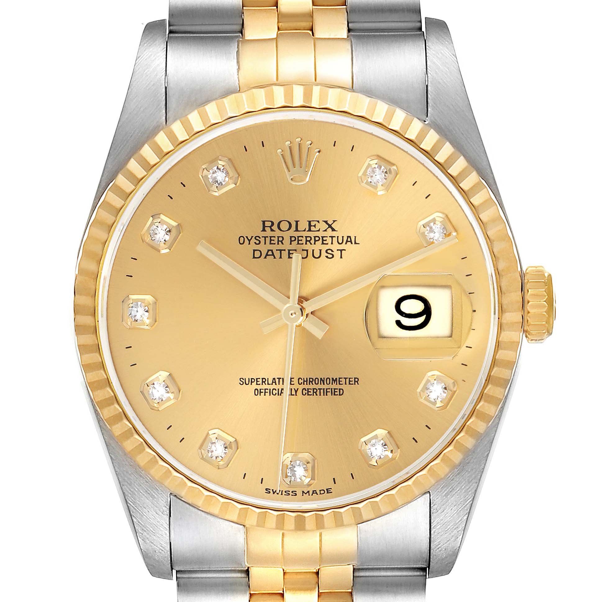 The Rolex Datejust 16233 Men's Steel and Gold (two tone) Champagne Dial 16233 Men's Steel and Gold (two tone) Champagne Dial watch is shown from a top-down angle, highlighting the two-tone bracelet, dial, hands, and date window.