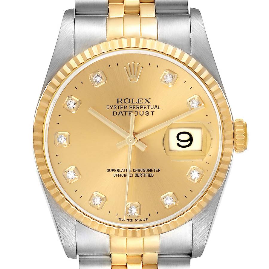 The Rolex Datejust watch is shown from a top-down angle, highlighting the two-tone bracelet, dial, hands, and date window.