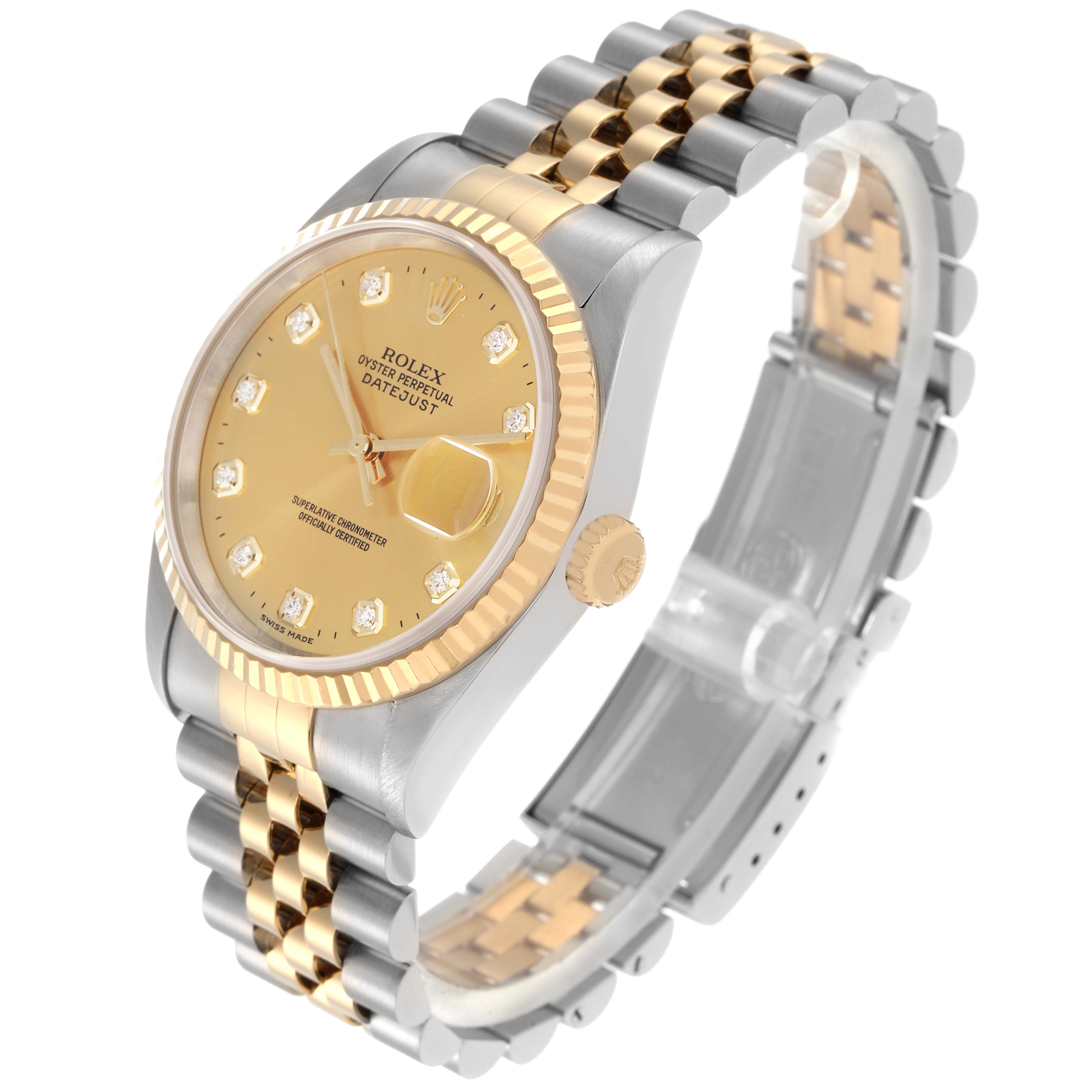 The Rolex Datejust 16233 Men's Steel and Gold (two tone) Champagne Dial 16233 Men's Steel and Gold (two tone) Champagne Dial watch is shown at an angled top view, highlighting the dial, fluted bezel, date window, and Jubilee bracelet.