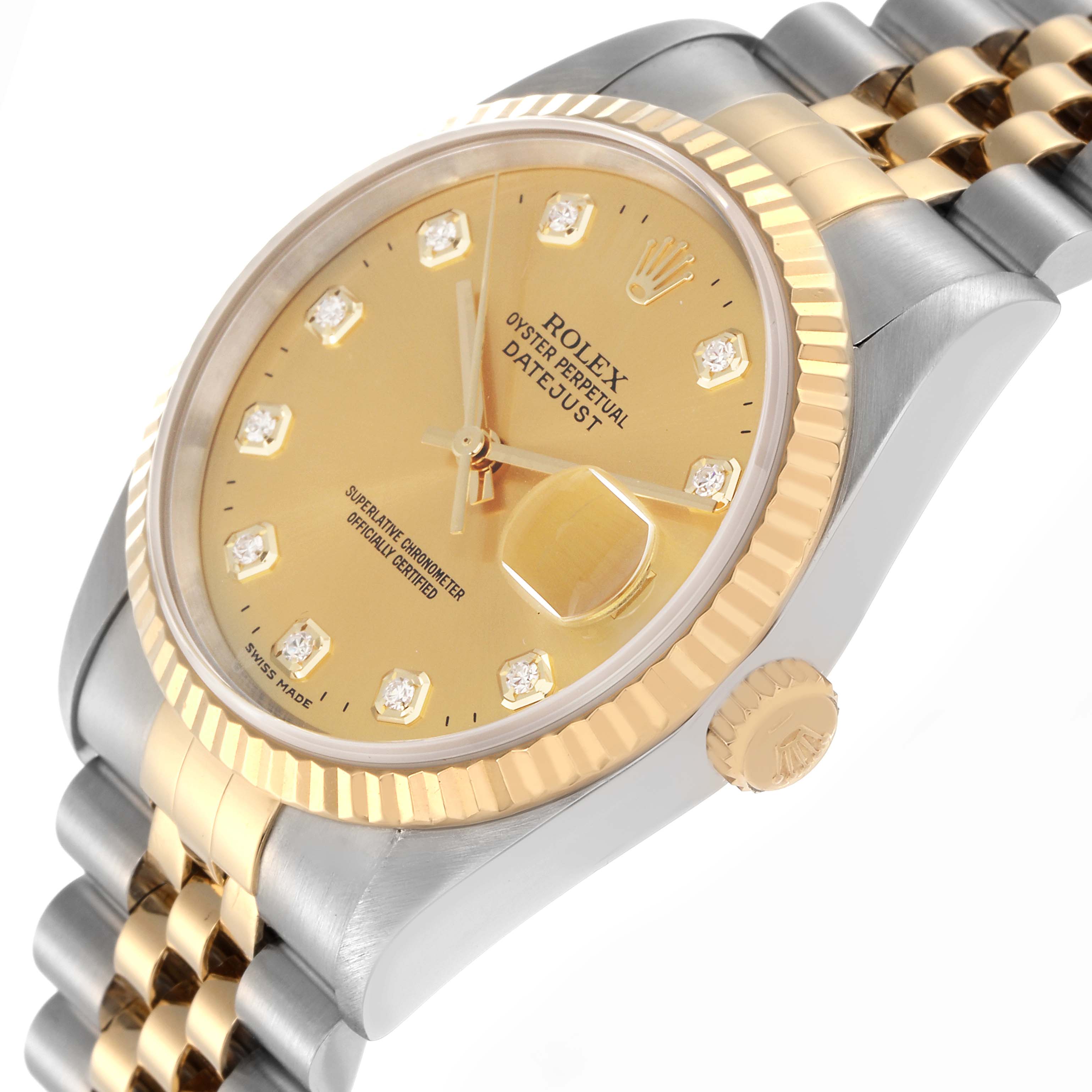 The Rolex Datejust 16233 Men's Steel and Gold (two tone) Champagne Dial 16233 Men's Steel and Gold (two tone) Champagne Dial watch is shown at a slight angle, highlighting its gold dial, diamond hour markers, fluted bezel, and Jubilee bracelet.