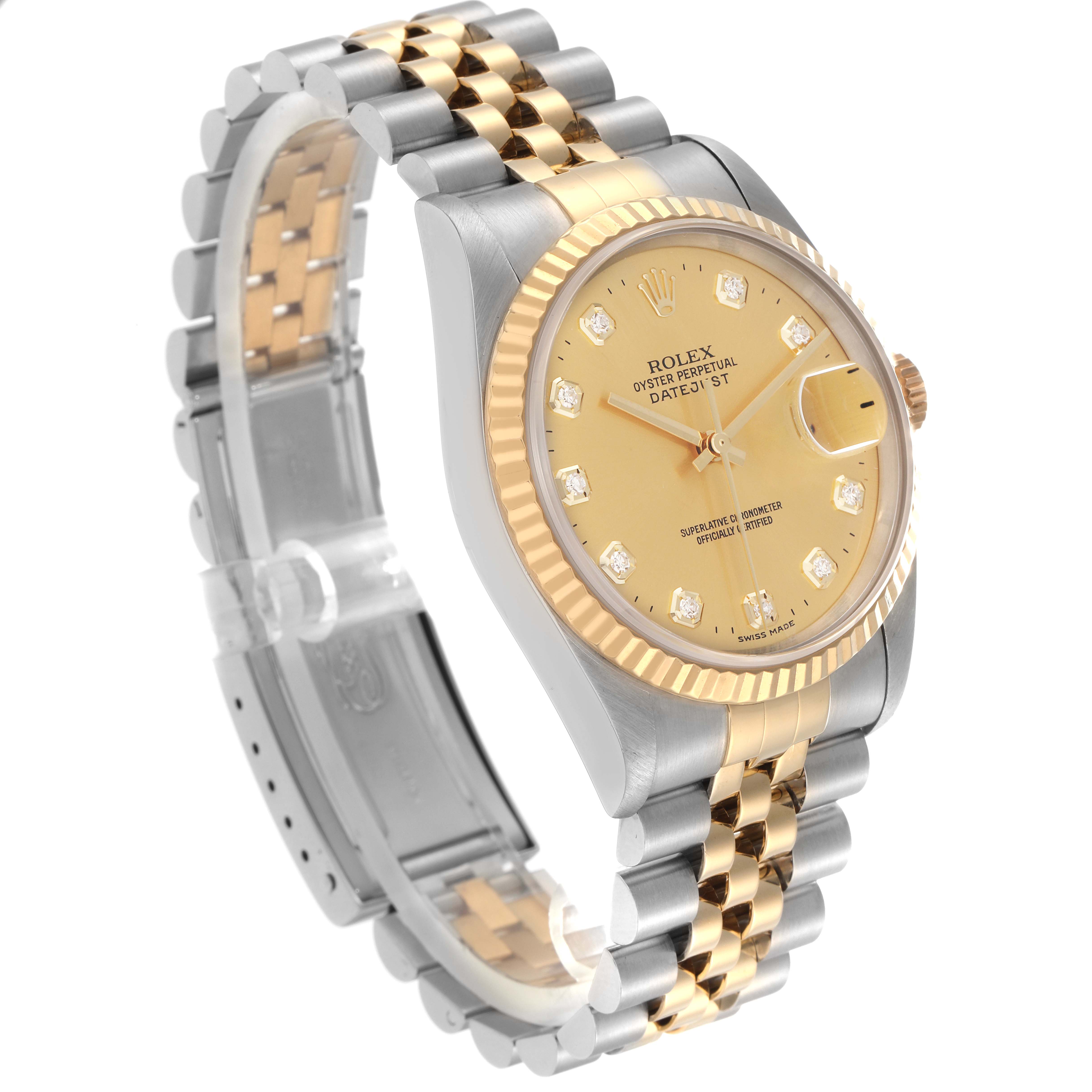 The Rolex Datejust 16233 Men's Steel and Gold (two tone) Champagne Dial 16233 Men's Steel and Gold (two tone) Champagne Dial watch is shown from a side angle, displaying the dial, bezel, and jubilee bracelet.
