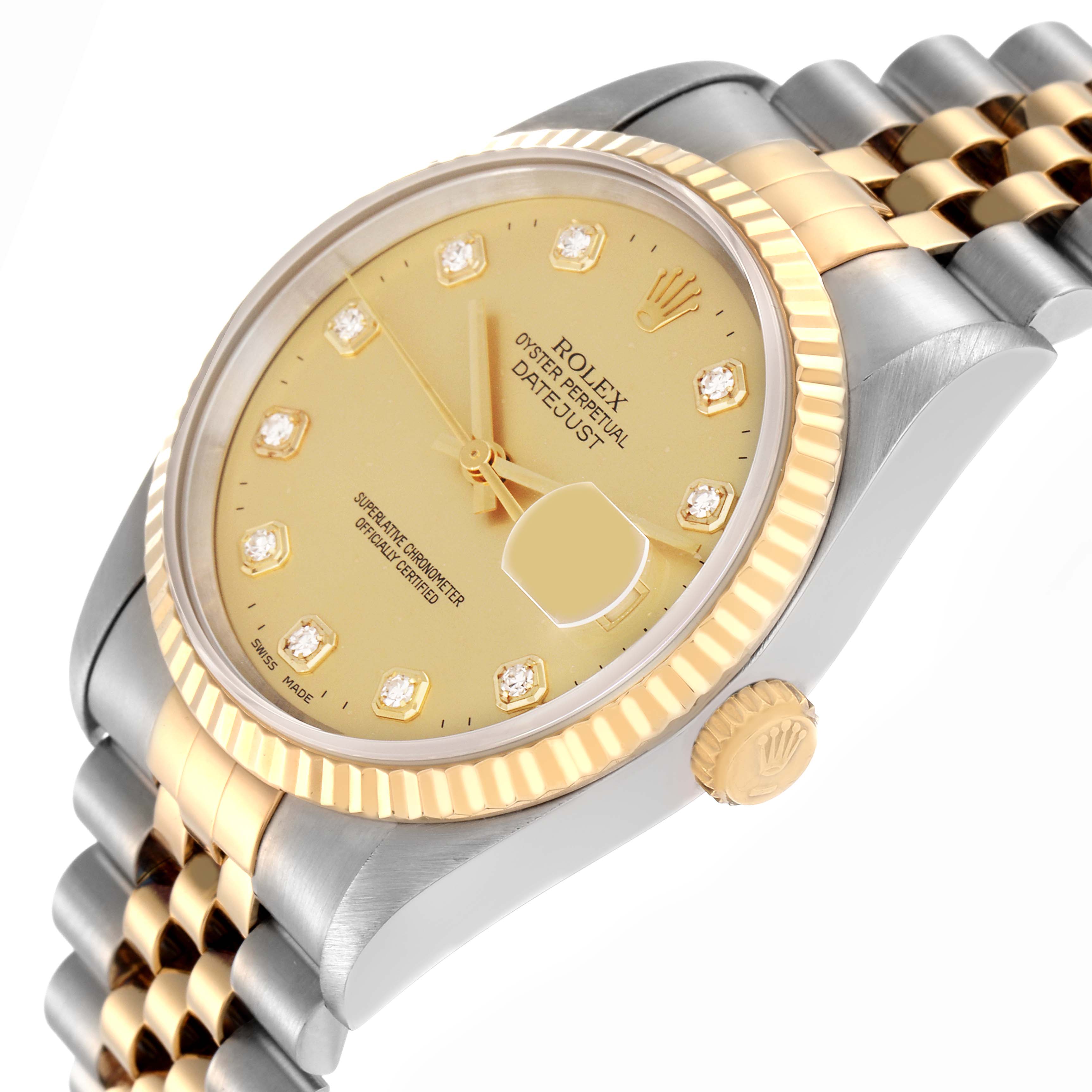 The Rolex Datejust 16233 Men's Steel and Gold (two tone) Champagne Dial 16233 Men's Steel and Gold (two tone) Champagne Dial watch is shown from a side angle, highlighting its two-tone bracelet, fluted bezel, and gold dial.