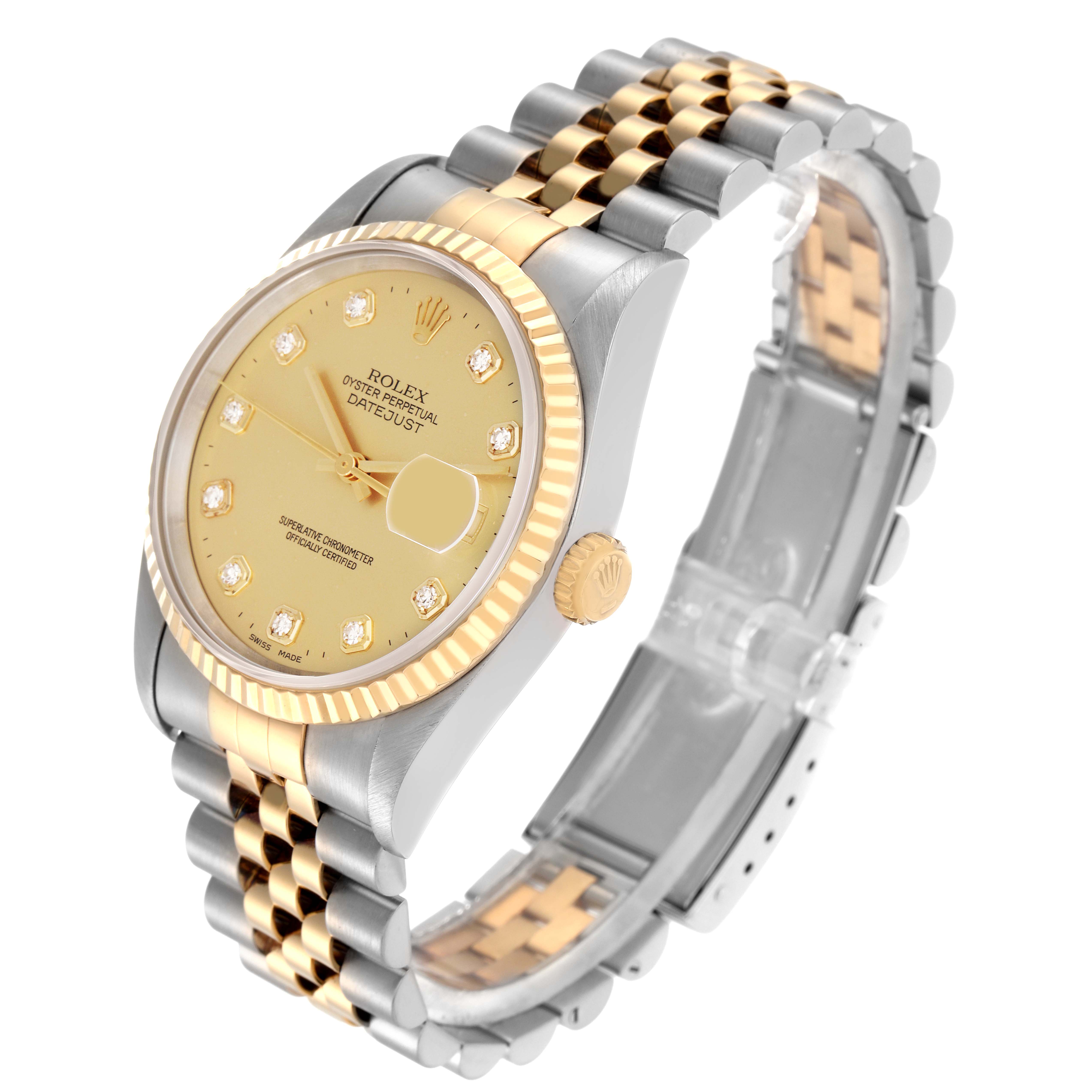 The Rolex Datejust 16233 Men's Steel and Gold (two tone) Champagne Dial 16233 Men's Steel and Gold (two tone) Champagne Dial watch is shown at a three-quarter angle, highlighting its dial, bezel, crown, and two-tone bracelet.