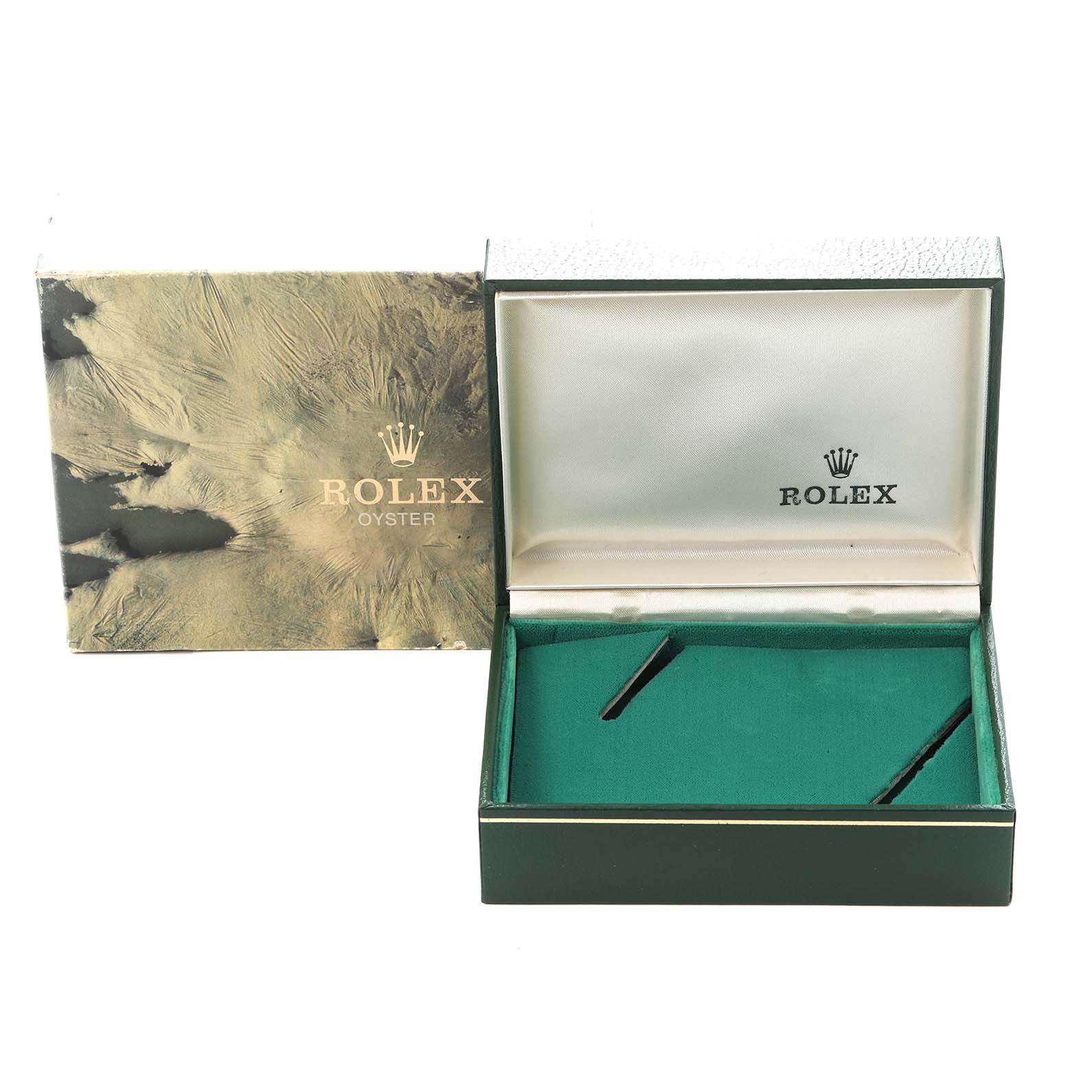 The image shows the open box of a Rolex Datejust 16233 Men's Steel and Gold (two tone) Champagne Dial 16233 Men's Steel and Gold (two tone) Champagne Dial with its exterior packaging, featuring the Rolex logo on both.