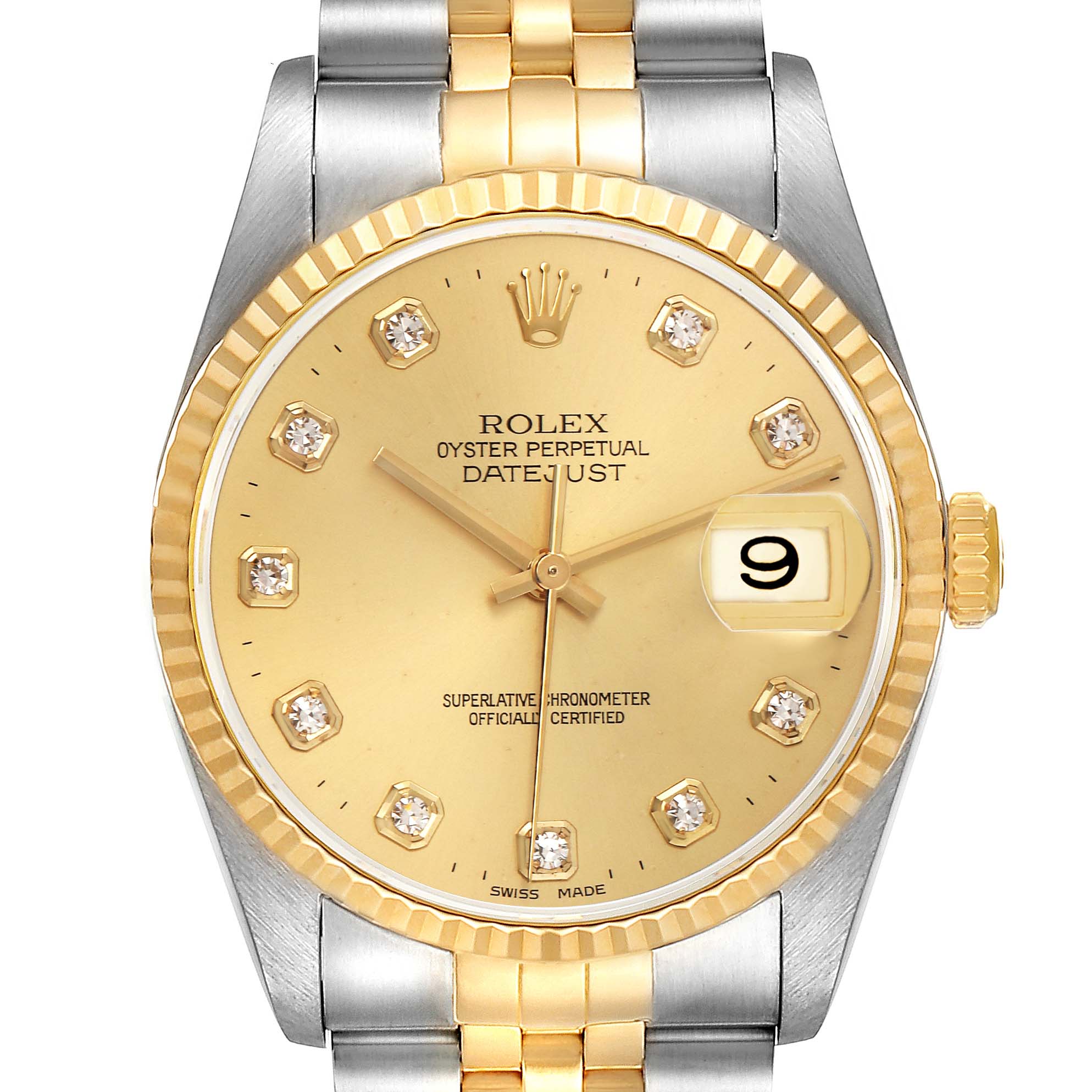 The Rolex Datejust 16233 Men's Steel and Gold (two tone) Champagne Dial 16233 Men's Steel and Gold (two tone) Champagne Dial watch is shown from a direct front angle, displaying the dial, bezel, and part of the bracelet.
