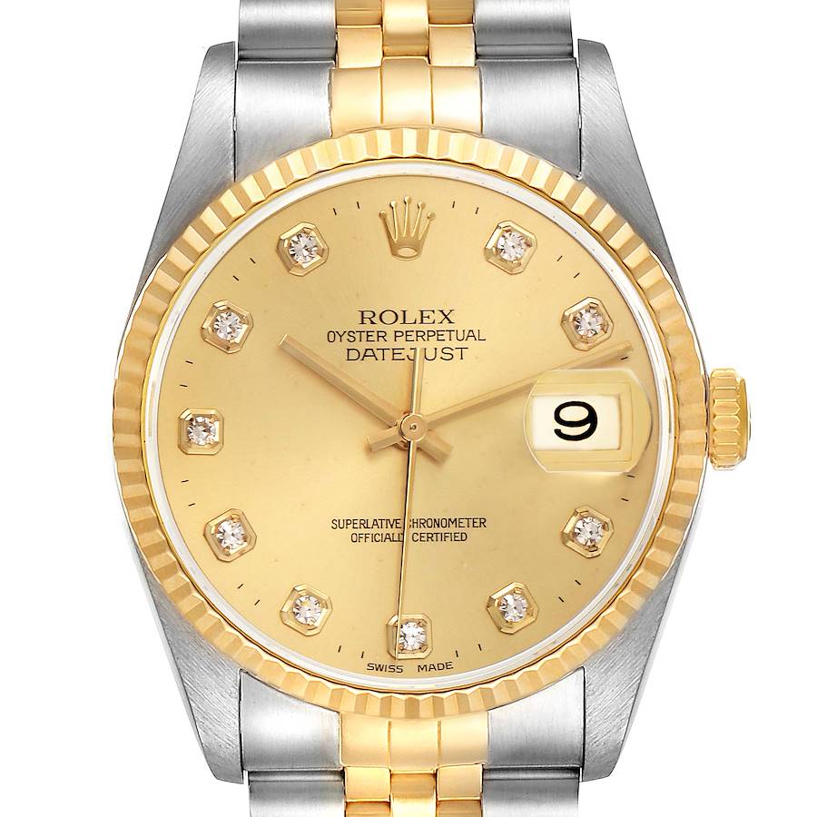 The Rolex Datejust watch is shown from a direct front angle, displaying the dial, bezel, and part of the bracelet.