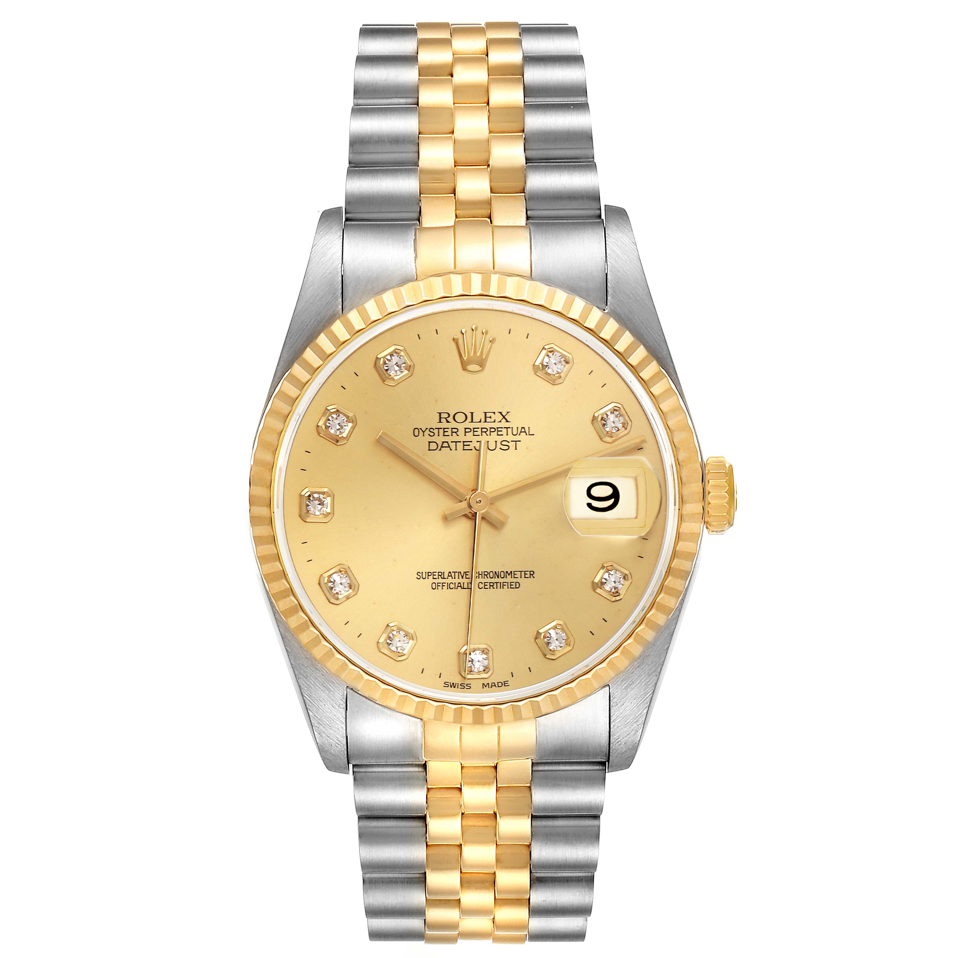 The Rolex Datejust 16233 Men's Steel and Gold (two tone) Champagne Dial 16233 Men's Steel and Gold (two tone) Champagne Dial watch is shown from the front, featuring its dial, bezel, and two-tone bracelet.