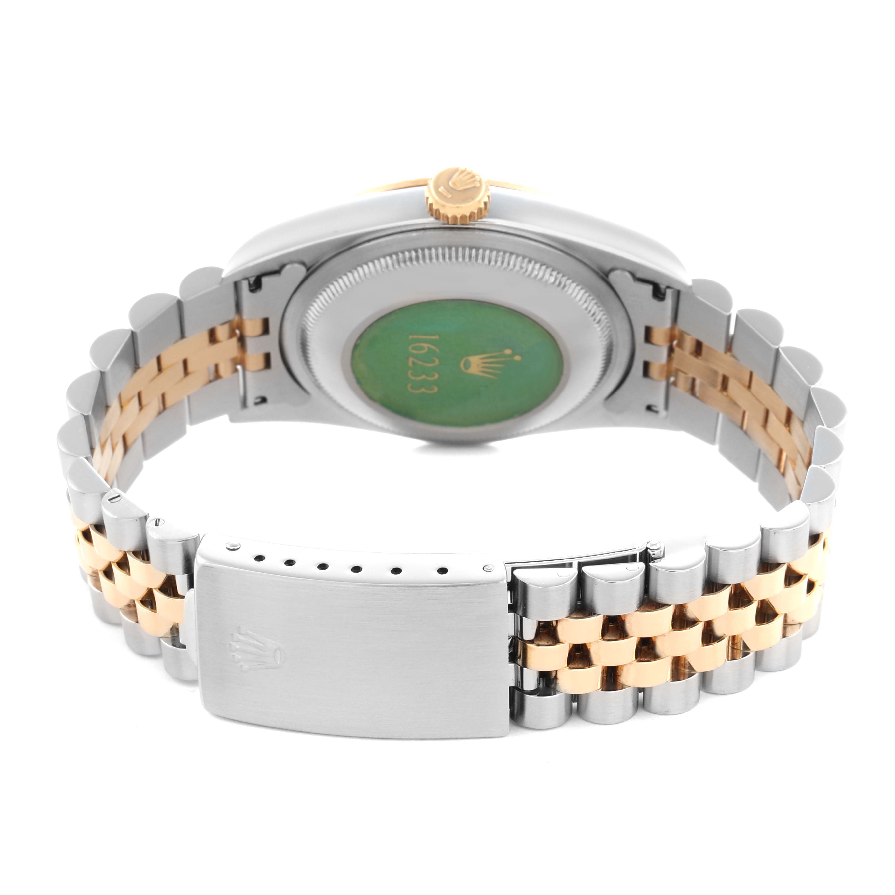 The image shows the back view of a Rolex Datejust 16233 Men's Steel and Gold (two tone) Champagne Dial 16233 Men's Steel and Gold (two tone) Champagne Dial watch, highlighting the clasp, band, and case back.