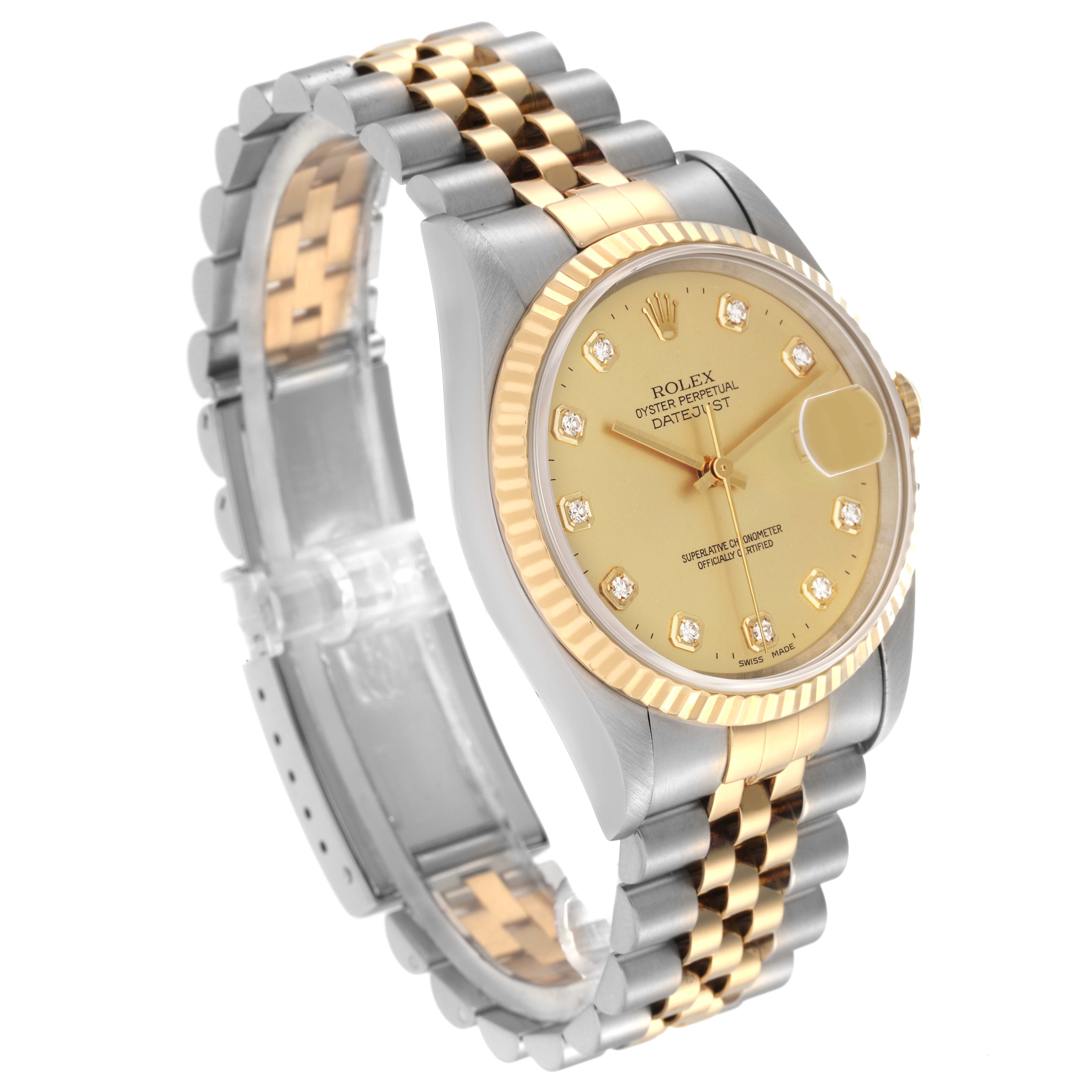 The Rolex Datejust 16233 Men's Steel and Gold (two tone) Champagne Dial 16233 Men's Steel and Gold (two tone) Champagne Dial watch is shown at an angled side view, displaying the gold dial, fluted bezel, and two-tone bracelet.