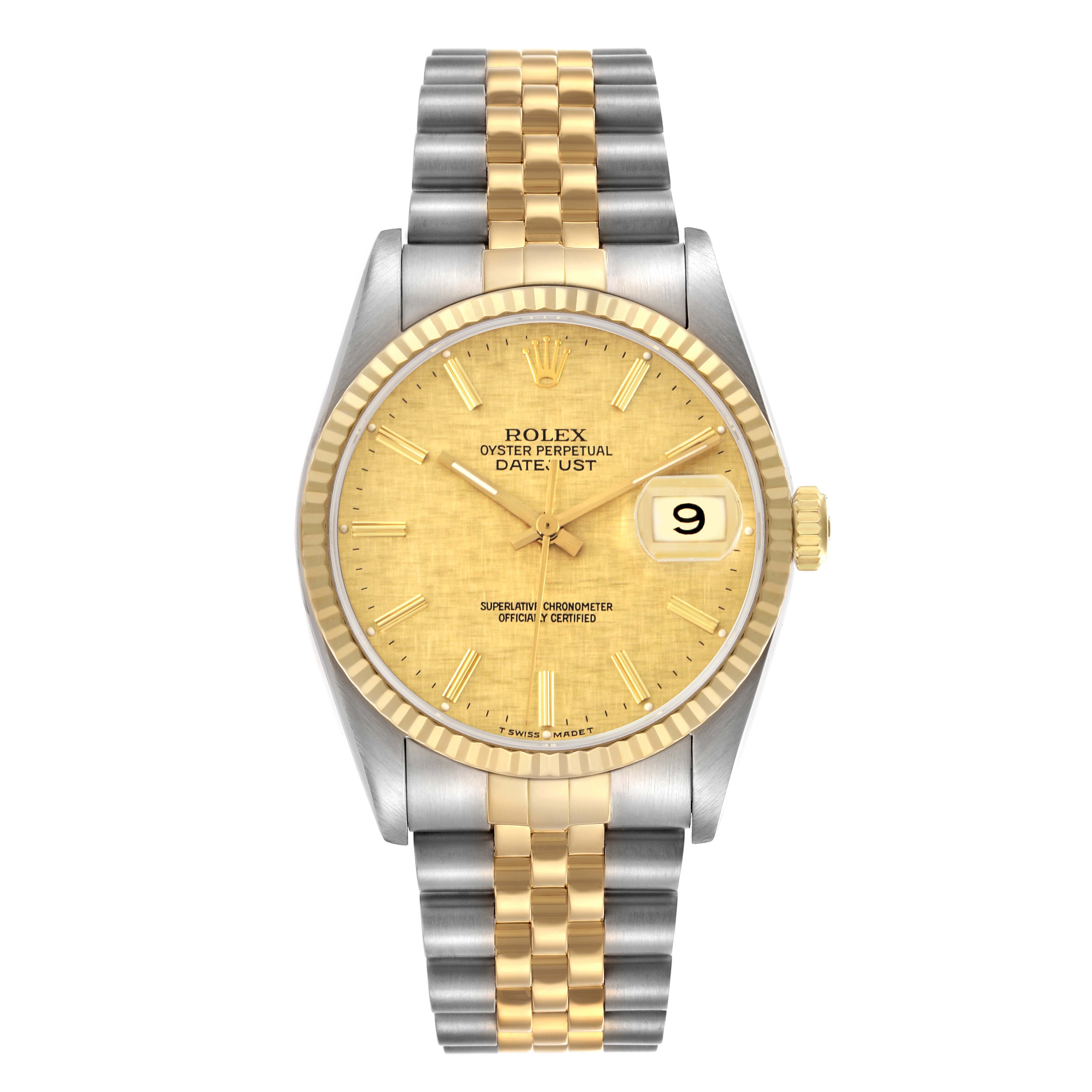 The Rolex Datejust 16233 Men's Steel and Gold (two tone) Champagne Dial 16233 Men's Steel and Gold (two tone) Champagne Dial watch is shown from a straight-on angle, displaying its gold dial, fluted bezel, date window, and two-tone bracelet.
