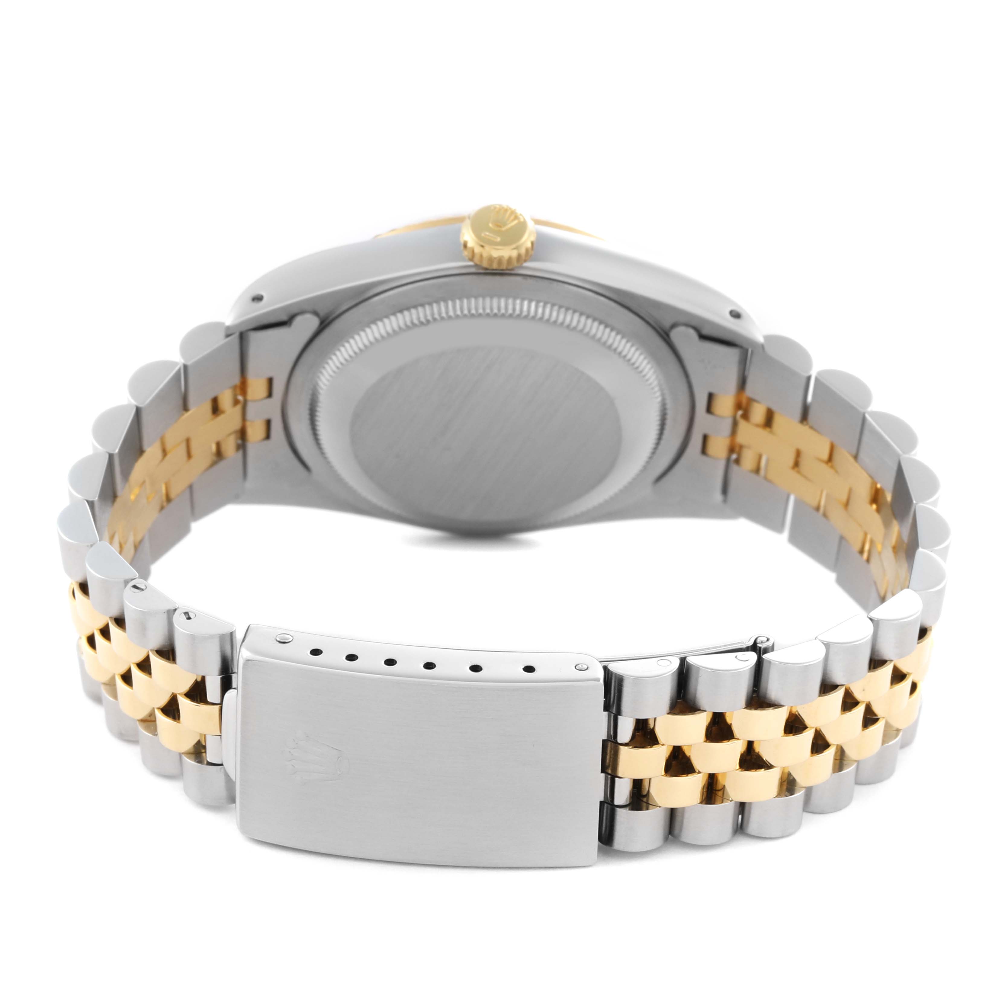 The image shows the back view of a Rolex Datejust 16233 Men's Steel and Gold (two tone) Champagne Dial 16233 Men's Steel and Gold (two tone) Champagne Dial watch, highlighting the two-tone bracelet, clasp, and case back.