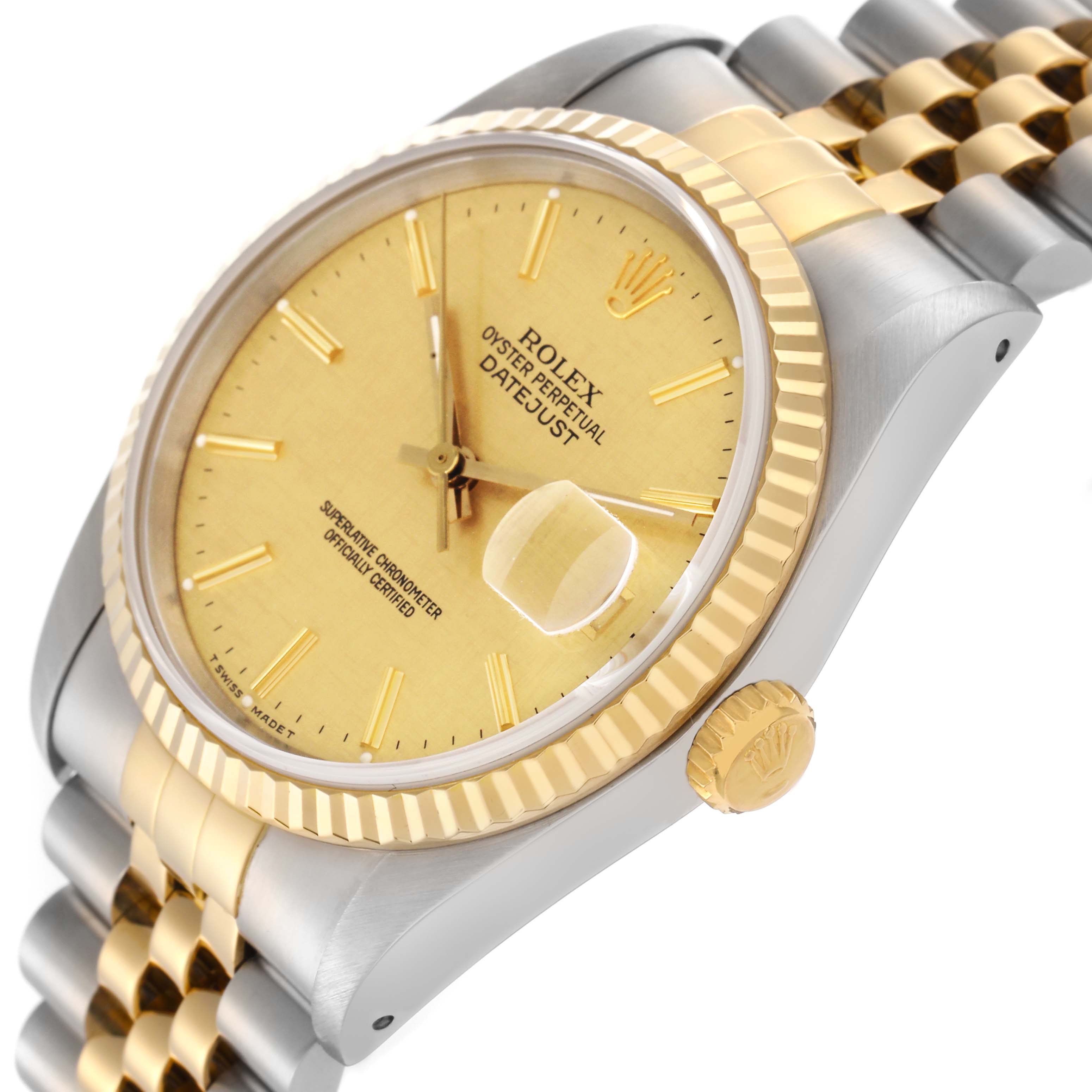The Rolex Datejust 16233 Men's Steel and Gold (two tone) Champagne Dial 16233 Men's Steel and Gold (two tone) Champagne Dial is shown at a slight angle displaying the dial, bezel, crown, and part of the bracelet.