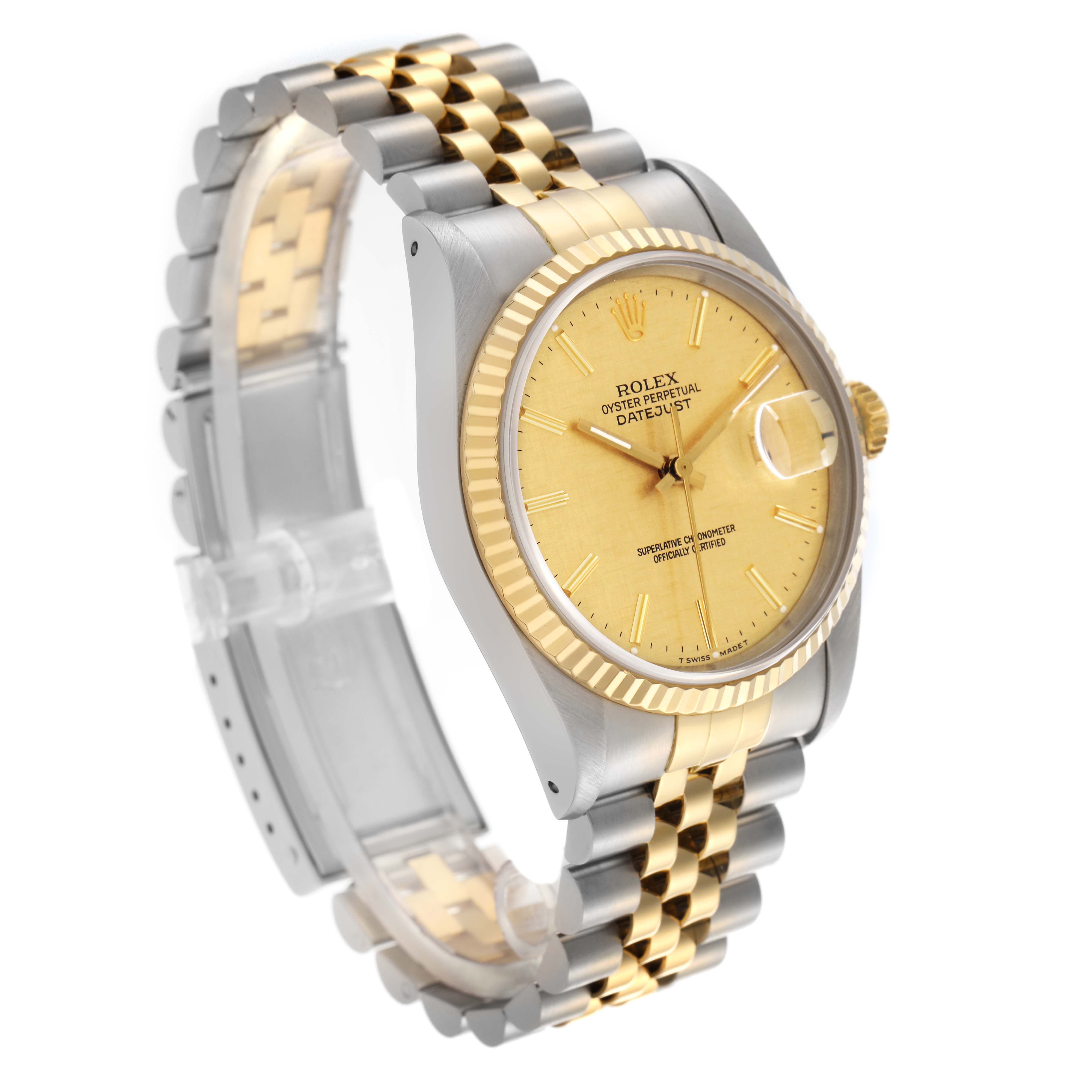 The Rolex Datejust 16233 Men's Steel and Gold (two tone) Champagne Dial 16233 Men's Steel and Gold (two tone) Champagne Dial is shown at a three-quarter angle, displaying the face, bezel, crown, and bracelet.