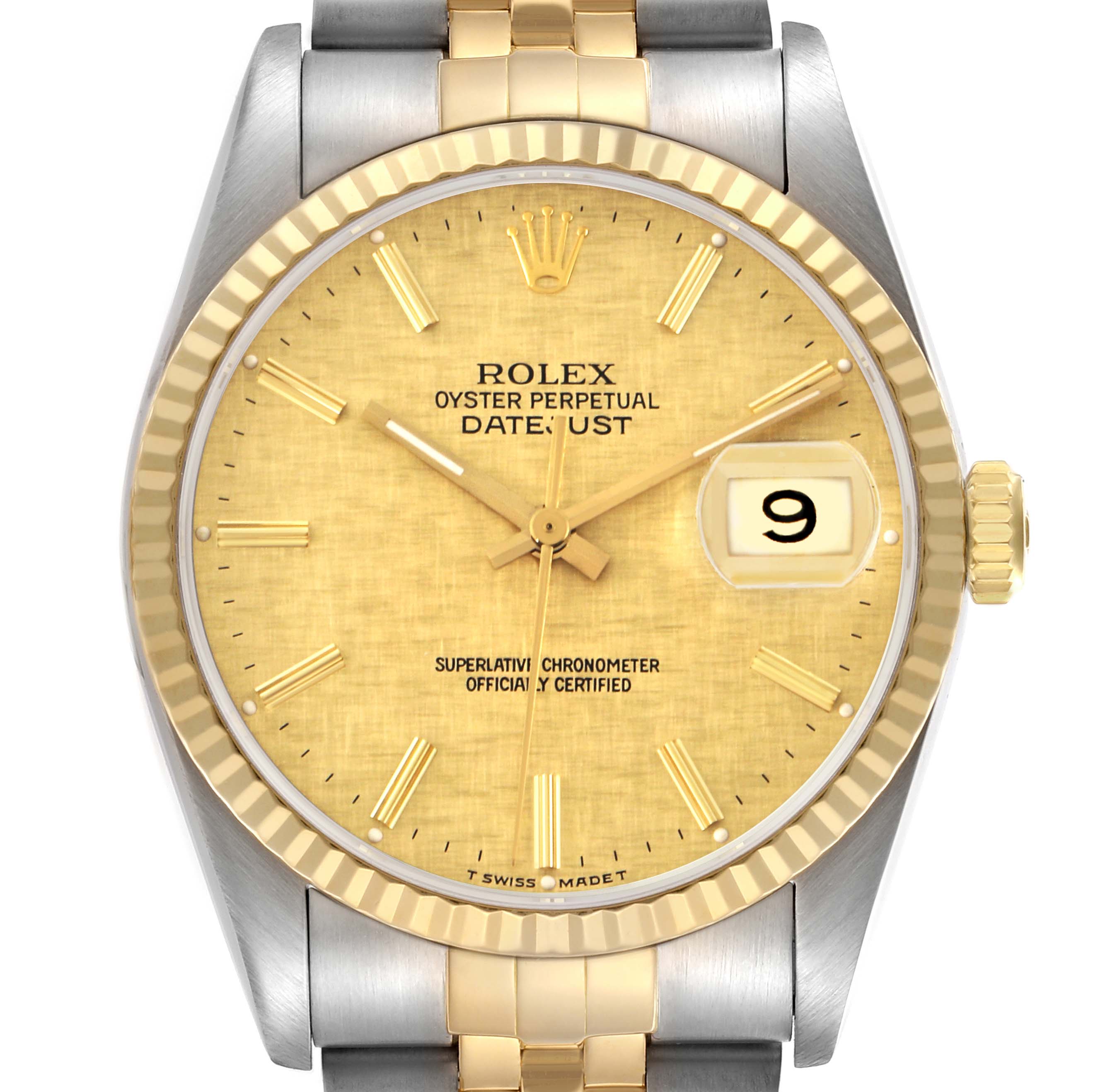 The Rolex Datejust 16233 Men's Steel and Gold (two tone) Champagne Dial 16233 Men's Steel and Gold (two tone) Champagne Dial watch is shown from a front angle, highlighting the dial, bezel, and part of the bracelet.
