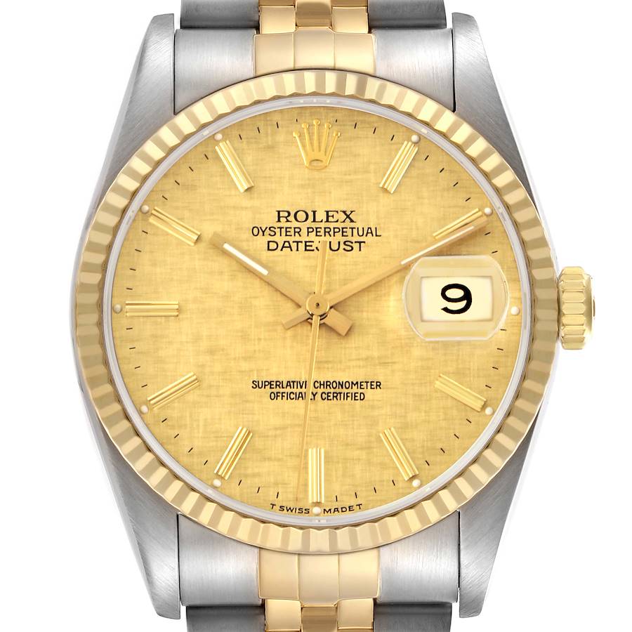 The Rolex Datejust watch is shown from a front angle, highlighting the dial, bezel, and part of the bracelet.