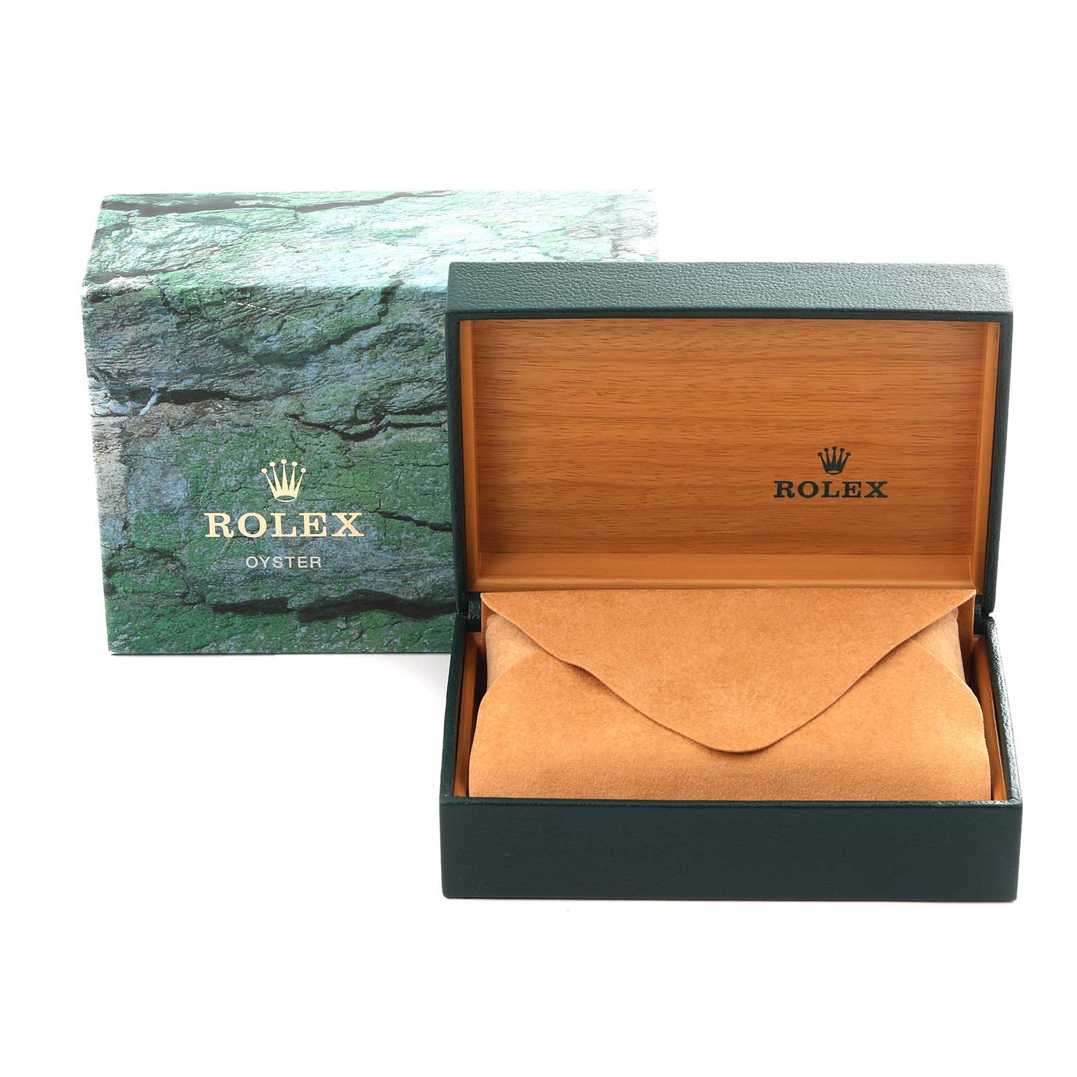 The image shows the packaging for a Rolex Datejust 16233 Men's Steel and Gold (two tone) Champagne Dial 16233 Men's Steel and Gold (two tone) Champagne Dial, including a closed watch box and outer box, viewed from the front.